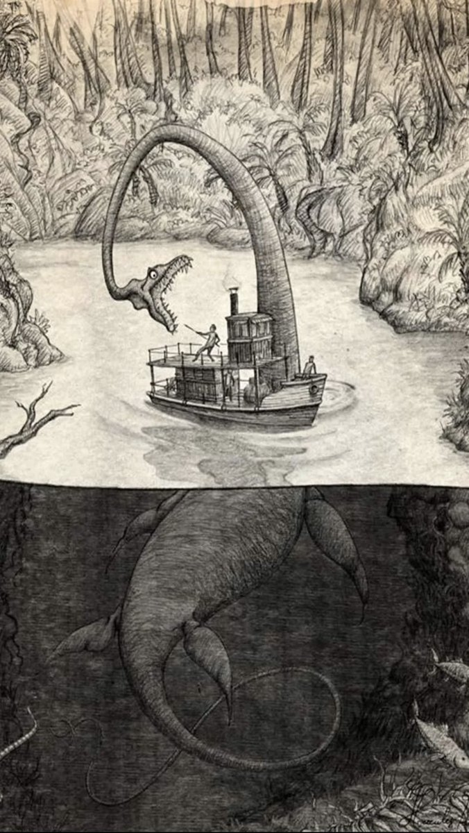 pmamtraveller's tweet photo. "Plesiosaur Attack On The Amazon River,"  by illustrator Lionel May https://t.co/VIQdMeJkhg