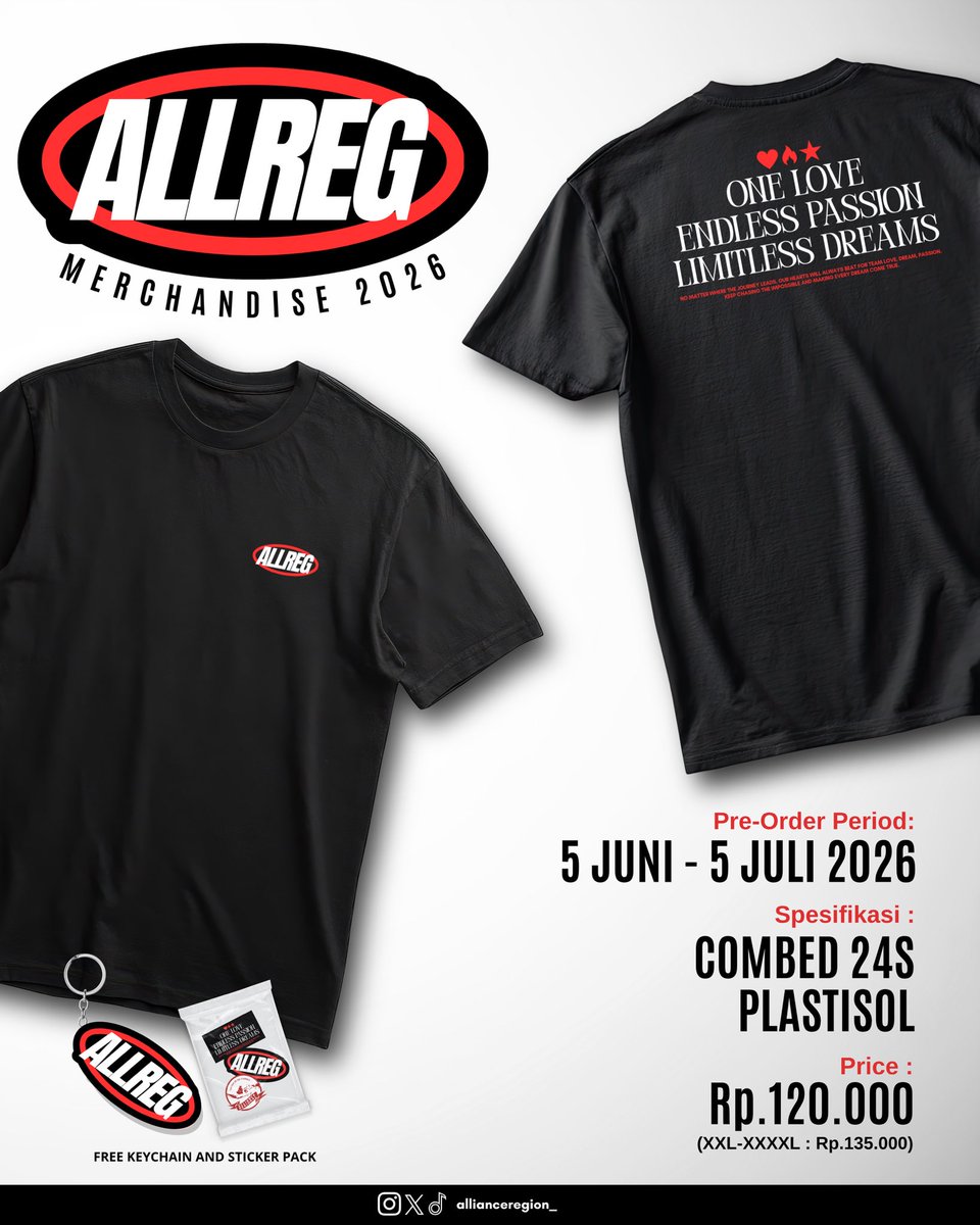 Allianceregion_'s tweet photo. ALLREG MERCHANDISE 2026 IS HERE.

“One Love. Endless Passion. Limitless Dreams.”

Pre-order dibuka:
📅 5 Juni – 5 Juli 2026

🧵 Combed 24s
🎨 Plastisol Print
💰 Rp120.000
🎁 Free keychain & sticker pack

Scan QR atau klik link dipostingan selanjutnya untuk order sekarang.
Jangan sampai kehabisan!!

#AllianceRegional48
#TogetherWeAreStronger