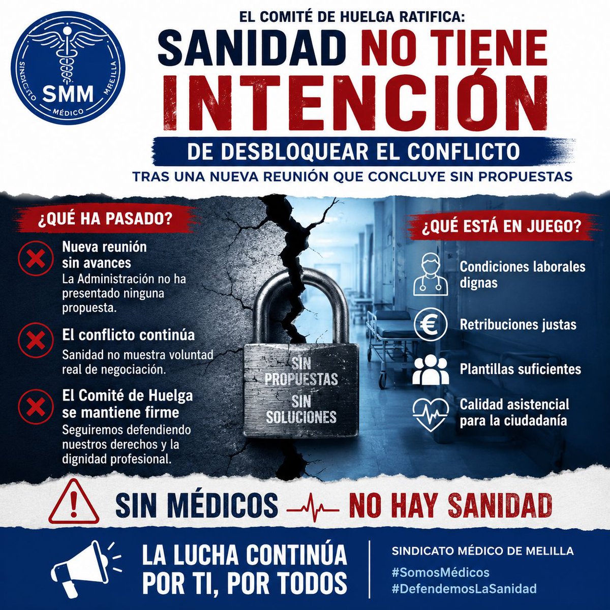 SMMelilla's tweet photo. 🚨 Sanidad vuelve a cerrar la puerta al diálogo.

Tras una nueva reunión sin avances y sin propuestas concretas, el Comité de Huelga ratifica que el conflicto continúa.

Sin propuestas, no hay soluciones.

#Melilla #HuelgaMédica @cesm_sindicatos https://t.co/F3nw36cYet