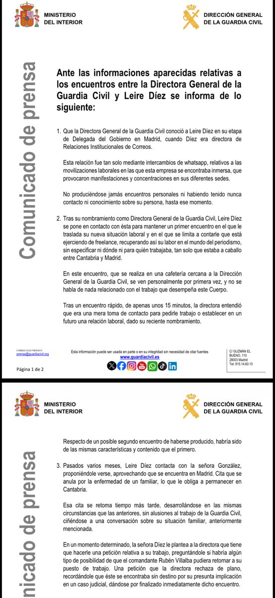 Irene_Dorta's tweet photo. Con este comunicado la directora de la Guardia Civil no solo confirma las reuniones con Leire Díez, sino que le complica mucho su futuro judicial porque confirma que no se trataba únicamente de “tirarse el pisto”. Intentó mover fichas en la administración https://t.co/8eSIHQ8Q0B
