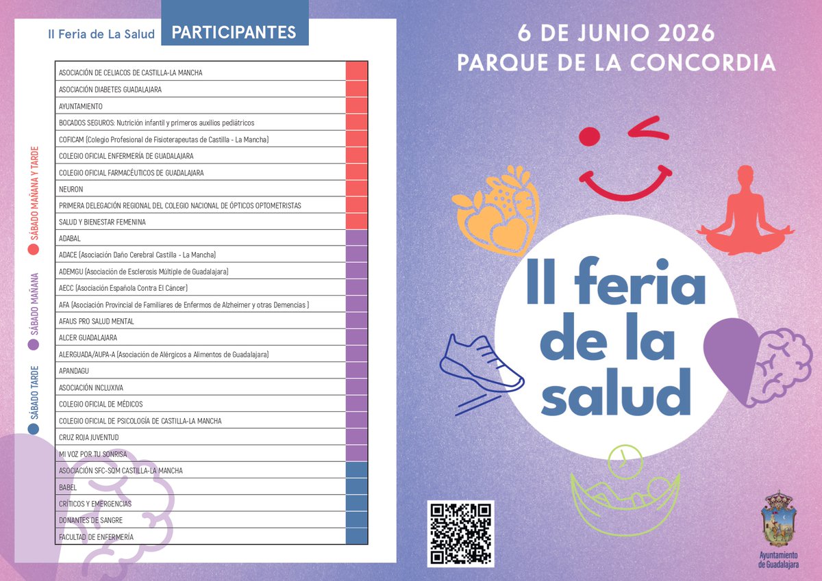 comguada's tweet photo. 🧑‍⚕️ El sábado toca hablar de salud, bienestar y autocuidado. Guadalajara celebra la II Feria de la Salud con actividades para todos los públicos. Planazo para aprender, participar y cuidarnos un poquito más.
ℹ️ Info completa y programa https://t.co/onpVJrBTYV https://t.co/nmivbvLhw6