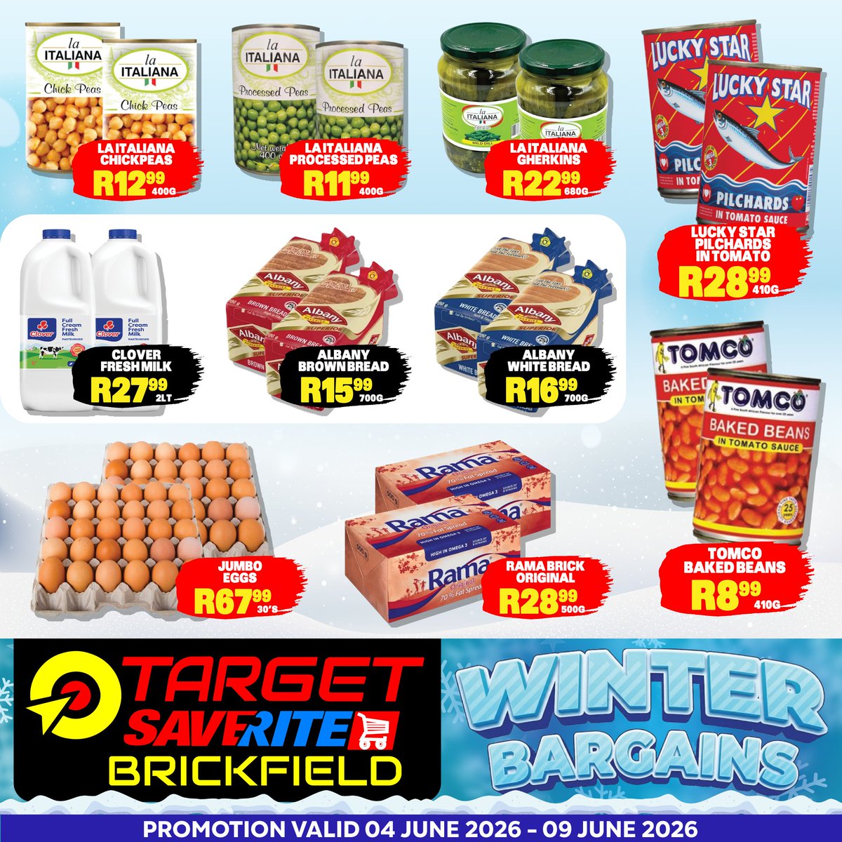BrickfieldSave1's tweet photo. WINTER BARGAINS ARE HERE! 🎯❄️
Don't let the cold weather freeze your budget! Stock up your pantry with these massive savings from Target Saverite Brickfield🏃🛒🥗🍞

⏰ 04 - 09 June 2026
📍Shop 374, Brickfield Road, Overport (7 AM - 8 PM) https://t.co/HhYhHYvsCT