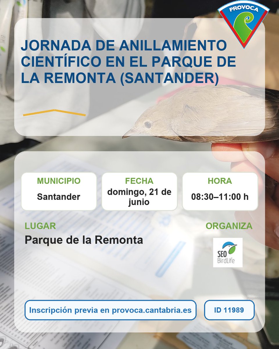 programaprovoca's tweet photo. Mañana se abre la inscripción para: “JORNADA DE ANILLAMIENTO CIENTÍFICO EN EL PARQUE DE LA REMONTA (SANTANDER)”. 📍 Santander · 📅 dom. 21 jun. · 🕘 08:30–11:00 h. Reserva en: https://t.co/9FwBI7mkU6 https://t.co/gJG6f1tpPA