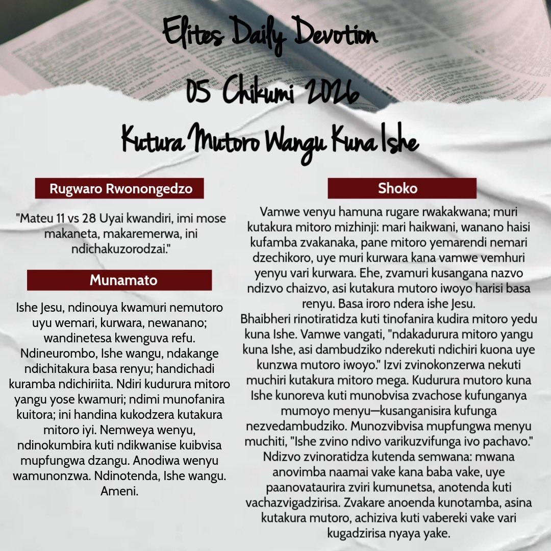 websternhidza's tweet photo. Kutura Mutoro Wangu Kuna Ishe

📖 Dhawunirodhai The Elites Daily Devotion MAHARA kuburikidza nelink iri pasi apa:
https://t.co/S2WnJ8qEIr  

HANDISI_MUTADZI
GADZIRIRAI_KUBVUTWA
THEELITES
NYIKA_YEMADZIMAMBO_NEVAPRISTI https://t.co/tmgcSYr7BM