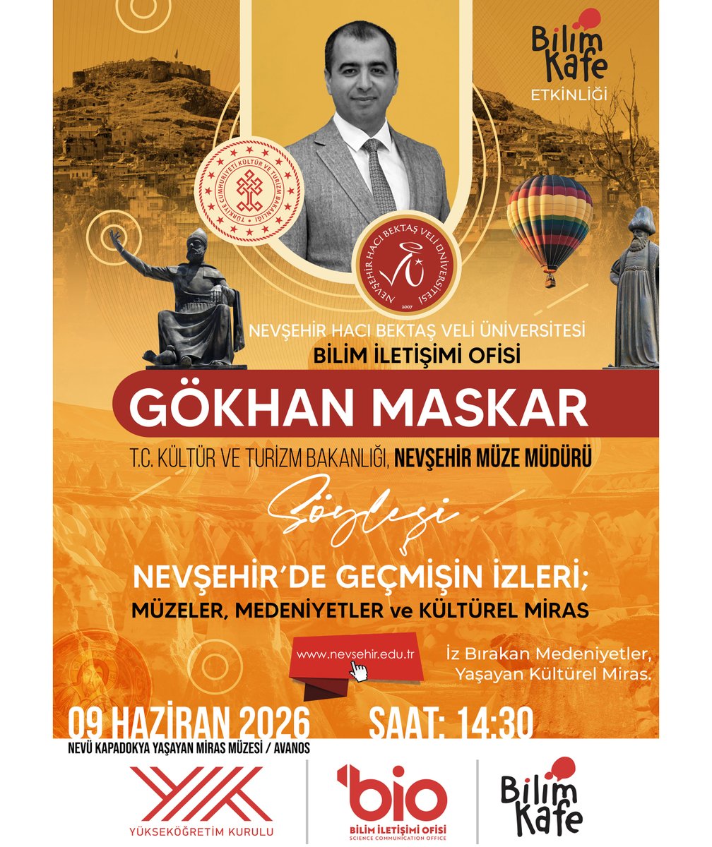 nevukurumsal's tweet photo. #NEVÜ Bilim Kafe etkinlikleri devam ediyor.

Nevşehir Müze Müdürü Gökhan Maskar'ın konuşmacı olarak katılacağı "Nevşehir'de Geçmişin İzleri: Müzeler, Medeniyetler ve Kültürel Miras" başlıklı söyleşi düzenlenecektir.

🗓️09 Haziran 2026
⏱️14.30
📍Kapadokya Yaşayan Miras Müzesi https://t.co/FCVNYrBL3L