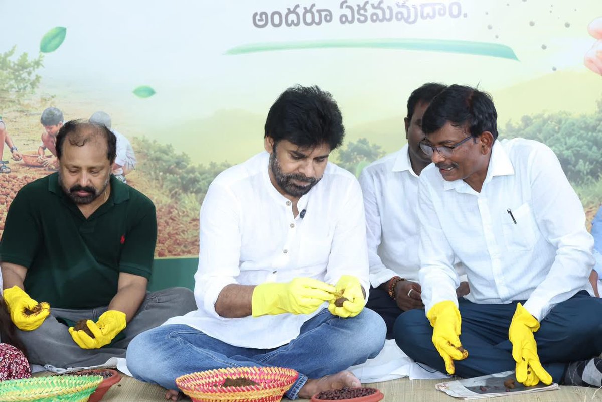 APDeputyCMO's tweet photo. 2.5 కోట్ల సీడ్ బాల్స్ తయారీ ప్రక్రియకు శ్రీకారం

* మహిళలు, చిన్నారులతో కలసి స్వయంగా విత్తన బంతులు తయారు చేసిన శ్రీ పవన్ కళ్యాణ్ గారు
* డ్రోన్ల ద్వారా సీడ్ బాల్స్ వెదజల్లే ప్రక్రియను వీక్షించిన ఉప ముఖ్యమంత్రివర్యులు

ఆంధ్రప్రదేశ్ రాష్ట్ర ఉప ముఖ్యమంత్రివర్యులు, అటవీ పర్యావరణ శాఖ మంత్రివర్యులు శ్రీ @PawanKalyan గారు ఎన్టీఆర్ జిల్లా, మూలపాడులో శుక్రవారం ఉదయం బటర్ ఫ్లై పార్క్ లో నిర్వహించిన ప్రపంచ పర్యావరణ దినోత్సవ వేడుకల్లో పాల్గొన్నారు. 2.5 కోట్ల సీడ్ బాల్స్ తయారీ ప్రక్రియకు శ్రీకారం చుట్టారు. ప్రజా ప్రతినిధులు, అధికారులు, స్వయం సహాయక సంఘాలకు చెందిన మహిళలు, విద్యార్థులు, స్వచ్ఛంద సంస్థల ప్రతినిధులతో కలసి స్వయంగా సీడ్ బాల్స్ తయారు చేశారు. అంకుడు, తెల్లపొణికి, వేప, కుంకుడు, రావి, మర్రి, వెదురు, ఉసిరి, చింత, మోదుగ తదితర స్వదేశీ జాతి విత్తనాలతో ఈ సీడ్ బాల్స్ తయారు చేశారు.

• ⁠రాష్ట్రవ్యాప్తంగా 300 ప్రాంతాల్లో సీడ్ బాల్స్ తయారీ
రాష్ట్రవ్యాప్తంగా సుమారు 300 ప్రాంతాల్లో విస్తృతంగా సీడ్ బాల్స్ తయారీ కార్యక్రమాన్ని నిర్వహించారు. మూలపాడు బటర్ ఫ్లై పార్క్ నుంచి వీడియో కాన్ఫరెన్స్ ద్వారా రాష్ట్రవ్యాప్తంగా జరుగుతున్న ఈ కార్యక్రమాన్ని శ్రీ పవన్ కళ్యాణ్ గారు వీక్షించారు. సీడ్ బాల్స్ తయారీ ప్రక్రియలో పాల్గొన్న ప్రజలతో ముచ్చటించారు. ఏఏ విత్తనాలతో సీడ్ బాల్స్ తయారు చేస్తున్నారు? ఎంత మొత్తంలో రూపొందిస్తున్నారు? అనే వివరాలను అడిగి తెలుసుకున్నారు. వన సంరక్షణకు పని చేస్తున్న మహనీయుల స్ఫూర్తితో విత్తన బంతుల తయారీ ప్రక్రియను బాధ్యతగా ముందుకు తీసుకువెళ్లాలన్నారు. సీడ్ బాల్స్ ఆవశ్యకతను వివరించిన చిన్నారులను అభినందించారు. జూన్ 15వ తేదీ నాటికి 2.5 కోట్ల సీడ్ బాల్స్ రూపొందించాలని అధికారులకు శ్రీ పవన్ కళ్యాణ్ గారు దిశానిర్దేశం చేశారు. అనంతరం డ్రోన్ల సహాయంతో కొండ శిఖరాలపై విత్తన బంతులు జారవిడిచే ప్రక్రియను పరిశీలించారు.

•ప్రతి ఎకో పార్కులో ఒక యోగా హాల్
అంతకు ముందు మూలపాడు బటర్ ఫ్లై పార్కులో అటవీ శాఖ అధ్వర్యంలో ఏర్పాటు చేసిన స్టాల్స్ ను శ్రీ పవన్ కళ్యాణ్ గారు సందర్శించారు. బటర్ ఫ్లై పార్కు నమూనా పరిశీలనలో అక్కడ యోగా హాల్ నిర్మాణం ఆయనను ఆకట్టుకుంది. ప్రతి ఎకో టూరిజం పార్కులో ఒక యోగా హాల్ నిర్మించే ఏర్పాటు చేయాలని అధికారులను ఆదేశించారు. 

•కొయ్య బొమ్మలు, కళాకృతుల ప్రచారానికి హామీ
అనంతరం కొండపల్లి కొయ్య బొమ్మలు తయారీకి వినియోగించే తెల్ల పొణికి దుంగలను పరిశీలించారు. పక్కనే ఏర్పాటు చేసిన కొండపల్లి కొయ్య బొమ్మలు, ఉదయగిరి కళాకారులు నిర్ధ, బిళ్ల నిర్ధ, వేప కర్రతో తయారు చేసిన గ్లాసులు, గరిటలు వంటి వంట ఇంటి సామాగ్రిని ఆసక్తిగా తిలకించారు. కళాకారులు రూపొందించిన చెక్క వాచ్, ల్యాప్ టాప్ శ్రీ పవన్ కళ్యాణ్ గారిని ఆకట్టుకున్నాయి. చిత్తూరు నుంచి వచ్చిన కళాకారులు బొమ్మల తయారీకి అవసరం అయిన చెక్క లభించడం లేదని తెలుపగా, వుడ్ బ్యాంక్ ఏర్పాటు చేస్తామని హామీ ఇచ్చారు. ఈ సందర్భంగా కొయ్య బొమ్మల కళాకారుల చేత ప్రముఖ స్వతంత్ర సమరయోధులు, హైదరాబాద్ రాష్ట్ర తొలి ముఖ్యమంత్రి శ్రీ బూర్గుల రామకృష్ణారావు గారి ప్రతిమను తయారు చేయించాలని కోరారు. అద్భుతమైన కళారూపాలకు మార్కెటింగ్ కల్పించేందుకు, ప్రచారం ద్వారా ప్రాచుర్యం కల్పించేందుకు తన వంతు ప్రయత్నం చేస్తానని హామీ ఇచ్చారు. ప్రతి రెండు నెలలకి ఓ ప్రాంతంలో చేతి వృత్తుల కళాకారులను కలిసే ఏర్పాటు చేయాలని అధికారులకు ఆదేశించారు. 

ఈ కార్యక్రమంలో మైలవరం శాసన సభ్యులు శ్రీ వసంత కృష్ణప్రసాద్ గారు, అటవీ, పర్యావరణ శాఖల ముఖ్యకార్యదర్శి శ్రీ కాంతిలాల్ దండే గారు, పీసీసీఎఫ్ శ్రీ పీవీ చలపతిరావు గారు, అటవీశాఖ సలహాదారుడు శ్రీ మల్లికార్జునరావు గారు, ఎన్టీఆర్ జిల్లా కలెక్టర్ శ్రీ లక్ష్మీశ గారు, జనసేన ఎన్టీఆర్ జిల్లా అధ్యక్షులు శ్రీ సామినేని ఉదయభాను గారు, మైలవరం ఇంఛార్జ్ శ్రీ అక్కల రామ్మోహన రావు గారు తదితరులు పాల్గొన్నారు.
(1/5)
