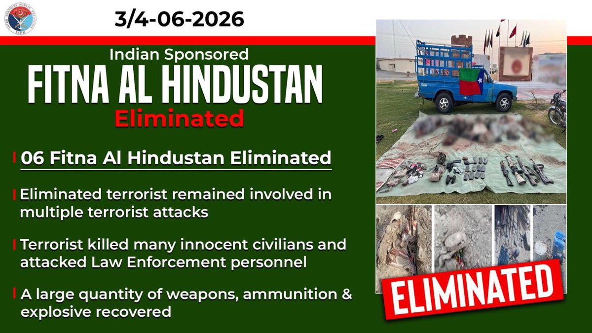 OfficialDGISPR's tweet photo. On 3/4 Jun 2026, security forces conducted an intelligence based operation in Panjgur District of Balochistan, on reported presence of terrorists belonging to Indian proxy, Fitna al Hindustan.

During the conduct of operation, own forces effectively engaged multiple terrorist locations, and after intense fire exchanges, six Indian sponsored terrorists were sent to hell.

Weapons, ammunition,  Improvised Explosive Devices and vehicle have also been recovered from killed Indian sponsored terrorists, who remained actively involved in numerous terrorist activities in the area.

Sanitization operations are being conducted to eliminate any other Indian sponsored terrorist found in the area. Relentless Counter Terrorism campaign under vision “Azm e Istehkam” (as approved by Federal Apex Committee on National Action Plan) by Security Forces and Law Enforcement Agencies of Pakistan will continue at full pace to wipe out menace of foreign sponsored and supported terrorism from the country.