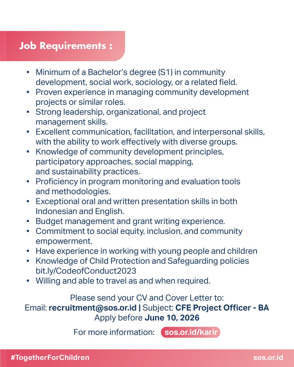 desaanaksos's tweet photo. Ingin bergabung di @desaanaksos? Ini kesempatanmu!

Kami sedang membuka lowongan kerja dengan penempatan di Banda Aceh sebagai Community Empowerment for Family Empowerment Project Officer!

Segera kirimkan CV dan Surat Lamaran ke email yang tertera pada gambar2026📩

#Loker https://t.co/6lzi8bwmWy