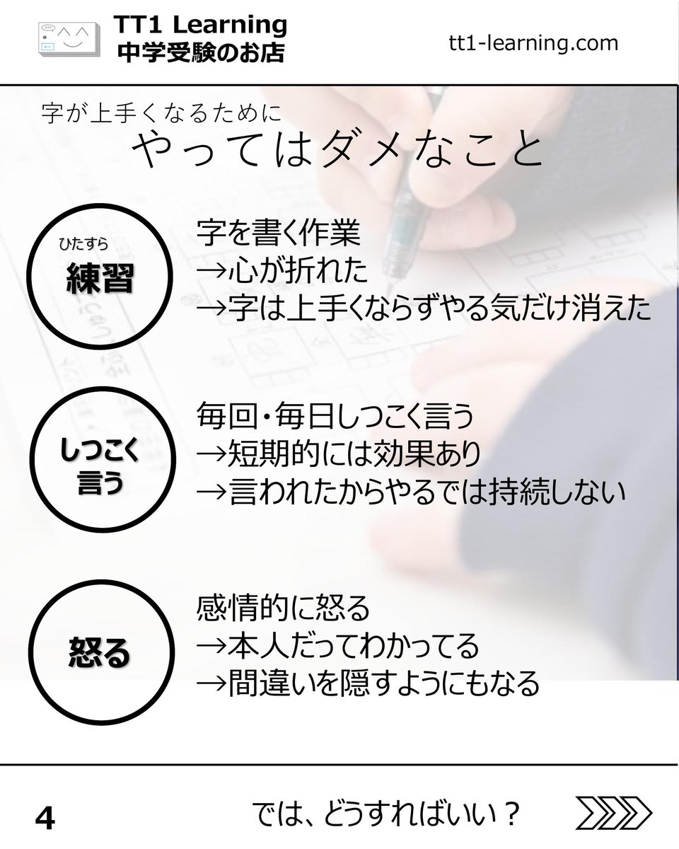 tt1Learning's tweet photo. 「答えはわかっているのに、字が汚くて×になってしまった」
そんな経験、うちの子にもあります、という方はいらっしゃいませんか。

何度注意しても直らない、練習させても長続きしない、だからといって強く言うと子どもの表情が曇る。
字の問題は、学力そのものとは少し別のところにあるだけに、どう向き合えばいいのか迷ってしまいますよね。
実は、この悩みには向き合い方にちょっとしたコツがあります。

今回の投稿では、「字が汚い」という問題に対して、うまくいかなかったこと、実際に試してよかったことを経験をもとに整理しています。

ポイントはこちら

【逆効果になりやすいこと】
・ひたすら練習させる
・毎日しつこく言う
・感情的に怒る

【効果があった3つのアプローチ】
・まず褒める
・過去の答案を並べて成果を見える化する
・直す点を一度に一つだけ具体的に伝える

最終的に字が変わり始めたきっかけは、子供自身がテストで「悔しい」と感じた瞬間でした。親がどれだけ言葉を重ねても動かなかったものが、本人が「このままではいけない」と感じたことで突然動き始めたのです。

先回りして全部整えようとしなくていい、子どもが自分で気づく瞬間を、少し余裕を持って待ってみてもいいかもしれません。
今日できる小さな一歩があるとすれば、まず一つ、お子さんの字の「良くなったところ」を見つけて声に出してみることではないでしょうか。

また字の問題で悩んだときや、お子さんと一緒に振り返りたいときのために、この投稿を保存しておくと後から参照しやすいかもしれません。

@tt1learning では、中学受験を伴走するご家族に寄り添う情報発信をしています。
また、日々の学習や塾のテスト対策として、単元に連動したオリジナルの暗記カードを制作・販売しています。少しでも日々の負担を減らし、効率よく定着できるよう工夫を凝らしたカードです。 
購入はこちら👉https://t.co/ny076fhG97

#中学受験 #中学受験2027 #中学受験2028 #中学受験2029 #中学受験の悩み