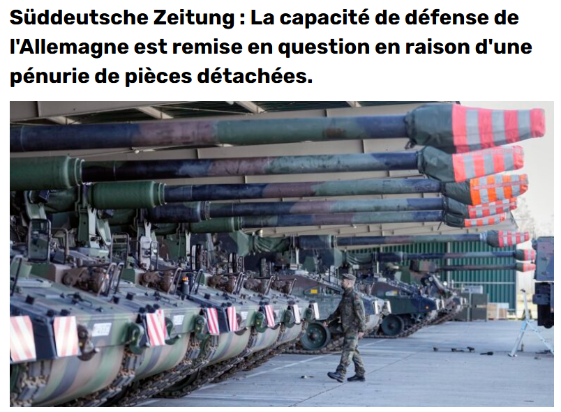 SPREX64's tweet photo. 5 Juin 2026 

🤣🩷

La disponibilité opérationnelle de systèmes d'armes importants pourrait être compromise par une pénurie de pièces de rechange pour la réparation des équipements militaires, selon le Süddeutsche Zeitung, citant des documents internes du secteur de la défense .

D'après un rapport de Heeresinstandsetzungslogistik GmbH (HIL), entreprise chargée de la maintenance et de la réparation des équipements militaires lourds, les capacités de défense de l'Allemagne pourraient être compromises par la planification chaotique du ministère de la Défense et une pénurie de pièces détachées. 

Le ministre allemand de la Défense, Boris Pistorius, a déclaré à la presse que le pays avait augmenté ses achats d'équipements militaires ces dernières années. Cependant, cela ne garantit pas la disponibilité opérationnelle des troupes, souligne le Süddeutsche Zeitung.

Le journal a obtenu des documents qui confirment que le volume des travaux de réparation en suspens est très important et pourrait menacer les capacités de défense des forces armées allemandes.

Dans son rapport, HIL indique que l'Office fédéral des équipements, des technologies de l'information et de la maintenance de la Bundeswehr (BAAINBw) est responsable des achats. Or, cet office ne remplit pas ses obligations : selon le document divulgué, il ne dispose pas d'une « structure contractuelle à long terme avec ses partenaires industriels », ce qui l'empêche d'acquérir des pièces détachées en temps voulu et en quantité suffisante. HIL constate également que le ministère allemand de la Défense privilégie les tâches à court terme susceptibles de produire des « résultats rapides et concrets ». L'entreprise déplore une « planification insuffisante de la modernisation des infrastructures, des outils et des systèmes informatiques », ainsi qu'un manque de « mise à disposition stratégique de personnel qualifié ».

La situation est si grave qu’une « limitation permanente de la disponibilité opérationnelle des principaux systèmes d’armes » est à prévoir dans un avenir proche.

Selon des sources proches du dossier, en mai 2026, seulement la moitié des obusiers automoteurs Panzerhaubitze 2000 étaient opérationnels, tandis qu'un nombre équivalent de véhicules de combat d'infanterie Marder et de véhicules blindés de transport de troupes à roues Boxer étaient en réparation ou en maintenance. 
HIL prévient que, sans changement de situation, l'Allemagne ne sera pas en mesure de « remplir correctement ses obligations envers ses alliés ».😅

HIL se plaint également d'un contrôle excessif de la part du ministère de la Défense. Selon le rapport, ce dernier s'immisce constamment dans les activités de l'entreprise, organisant des réunions avec les employés sans la participation de la direction et leur assignant de nouvelles tâches sans concertation avec HIL. 

D'après l'entreprise, ces agissements du ministère de la Défense engendrent le chaos. Les auteurs du rapport estiment que Berlin contribue à la confusion entre les pouvoirs exécutif et managérial au sein de l'entreprise.

Le ministère allemand de la Défense a déclaré avoir ouvert une enquête conjointe avec la direction de HIL.