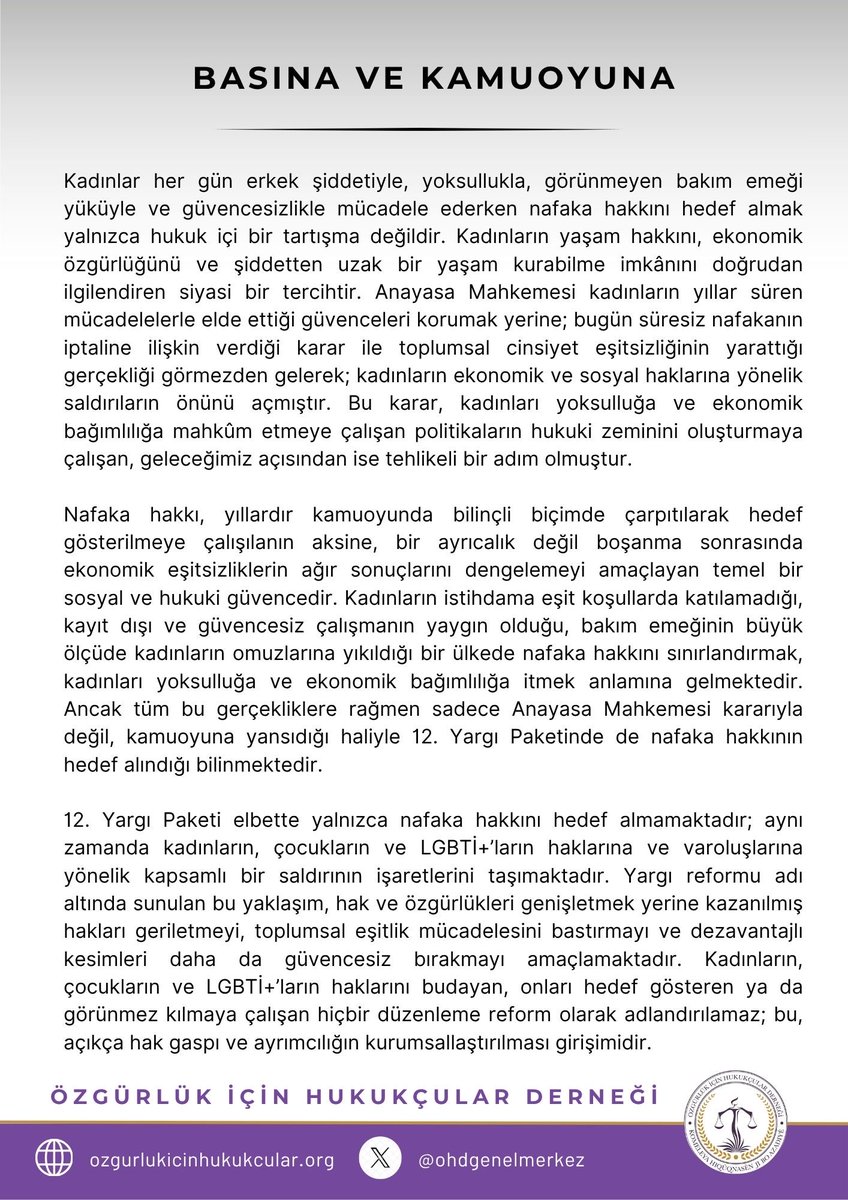 OhdKadin's tweet photo. Anayasa mahkemesinin nafaka hakkına ilişkin iptal kararı ve 12. Yargı Paketi kapsamında yapılmak istenen düzenlemelere ilişkin açıklamamız ⤵️

Eşit, özgür ve onurlu bir yaşamı savunmaya devam edeceğiz! https://t.co/pPO3vdSAoo