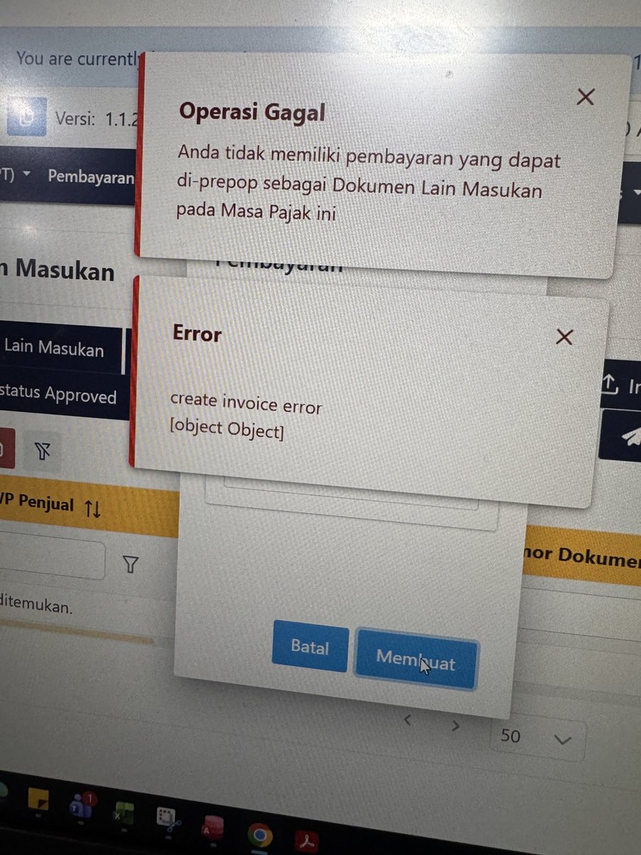 cinswizzle's tweet photo. @kring_pajak halo kak. Saya barusan coba klik data prepopulated untuk Dokumen Lain - Pajak Masukan dari menu “Create from Payments”, namun muncul error tidak ada data pembayaran. Padahal bulan Mei 2026 kami punya pembayaran SSP PPN JLN. Kenapa bs error ya? https://t.co/KChVG3eSMf