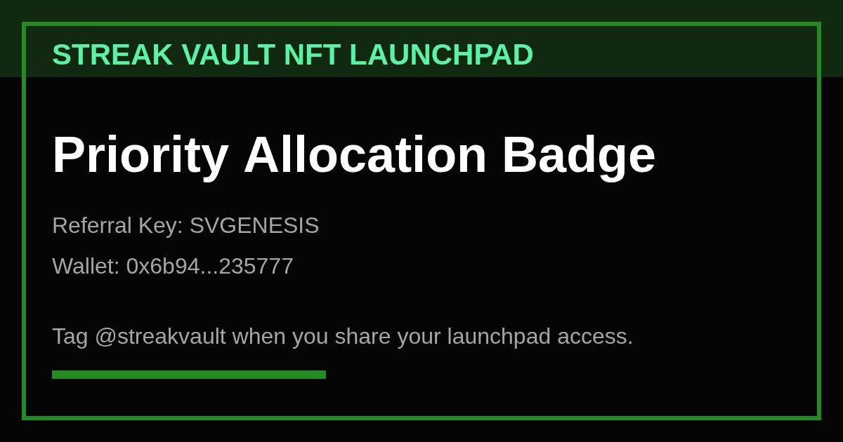 TizzyTravis's tweet photo. I just secured my @streakvault NFT launchpad allocation badge. #StreakVault https://t.co/XcLTbKDZNB