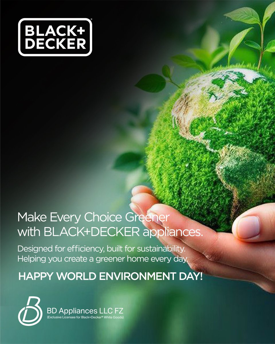 bdappliances_me's tweet photo. 🌍 Every small choice can make a big difference.

This #WorldEnvironmentDay, let's commit to smarter, more sustainable living. From saving energy to reducing waste, a greener future starts at home. Together, let's build a better tomorrow. 💚
#BLACKandDECKERHome #SustainableLiving https://t.co/9ymcABCwH9