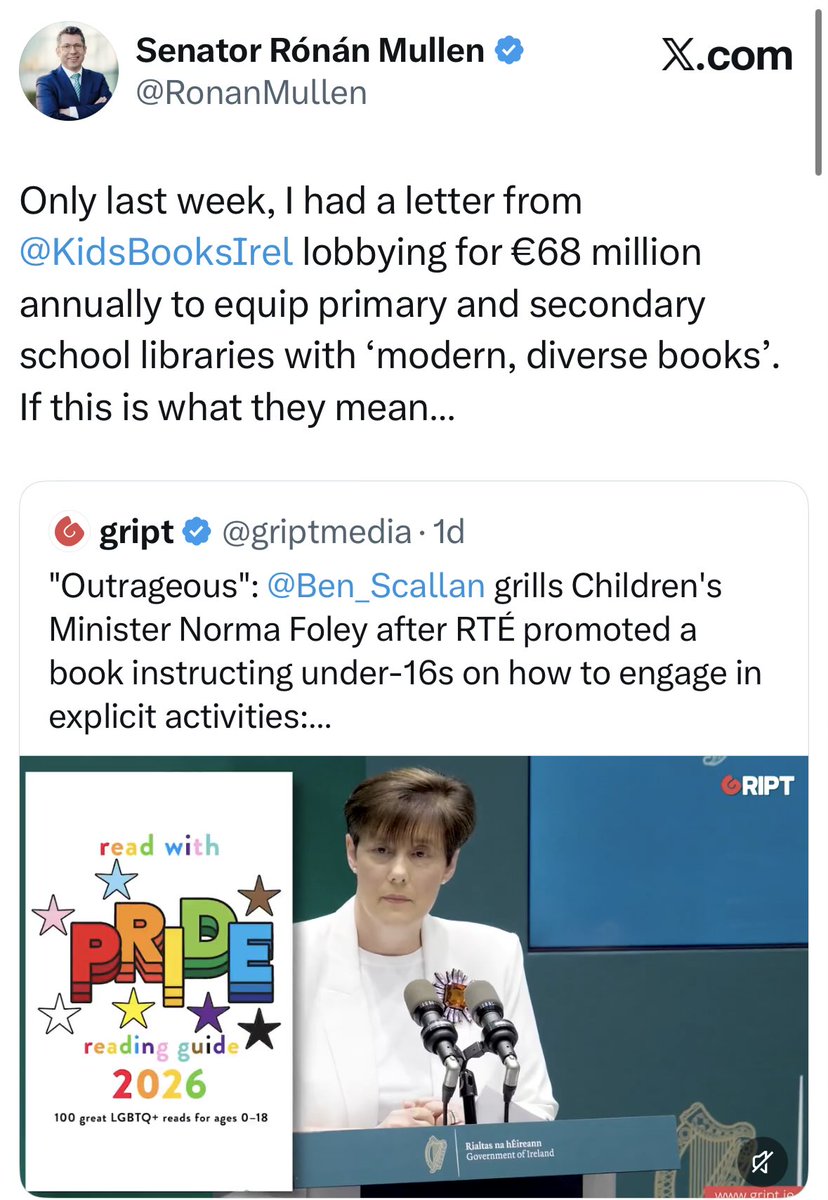 Jklunden's tweet photo. Children's Books of Ireland recently asked the State for €68m to get diverse books into schools.  They should be defunded pending a full investigation.  A full investigation must also include libraries and schools.  
Rte removed a link  - but that does not remove inappropriate content from children's minds and eyes.  

A few more books on the thread below