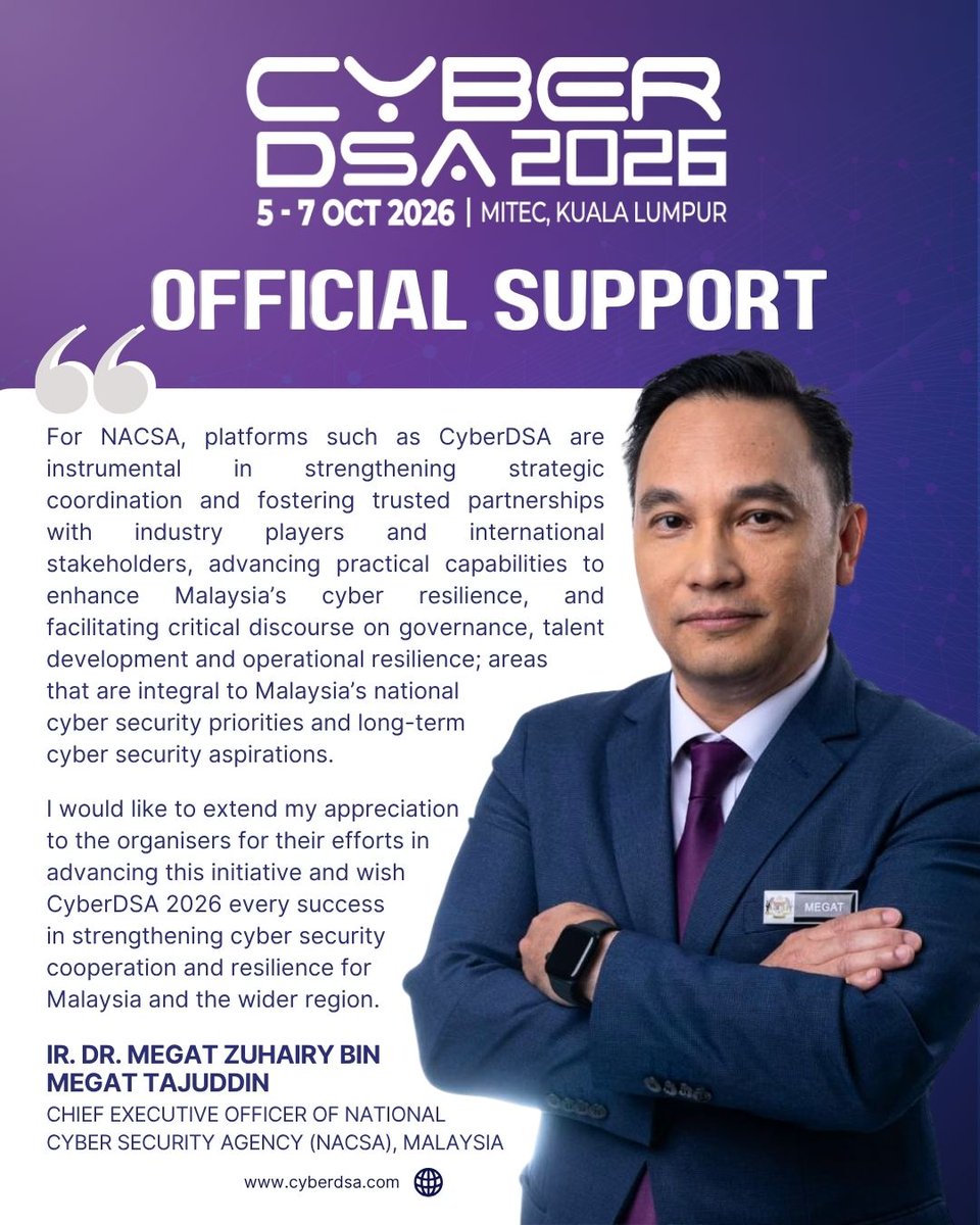CyberDsa's tweet photo. 🤝 Building a Stronger Cyber Future Together

CyberDSA 2026 is grateful for the support of the National Cyber Security Agency (NACSA), whose commitment to strengthening cybersecurity, collaboration, and capability development continues to drive progress across the region. https://t.co/3xbhplwtke
