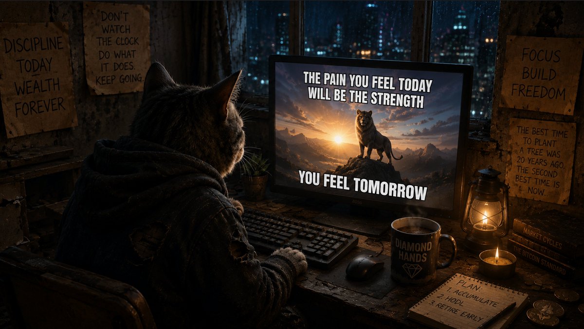 deflt_cat's tweet photo. A typical crypto bro's morning after a market crash: scrolling motivational memes to avoid losing his mind https://t.co/os3YEbNIr1