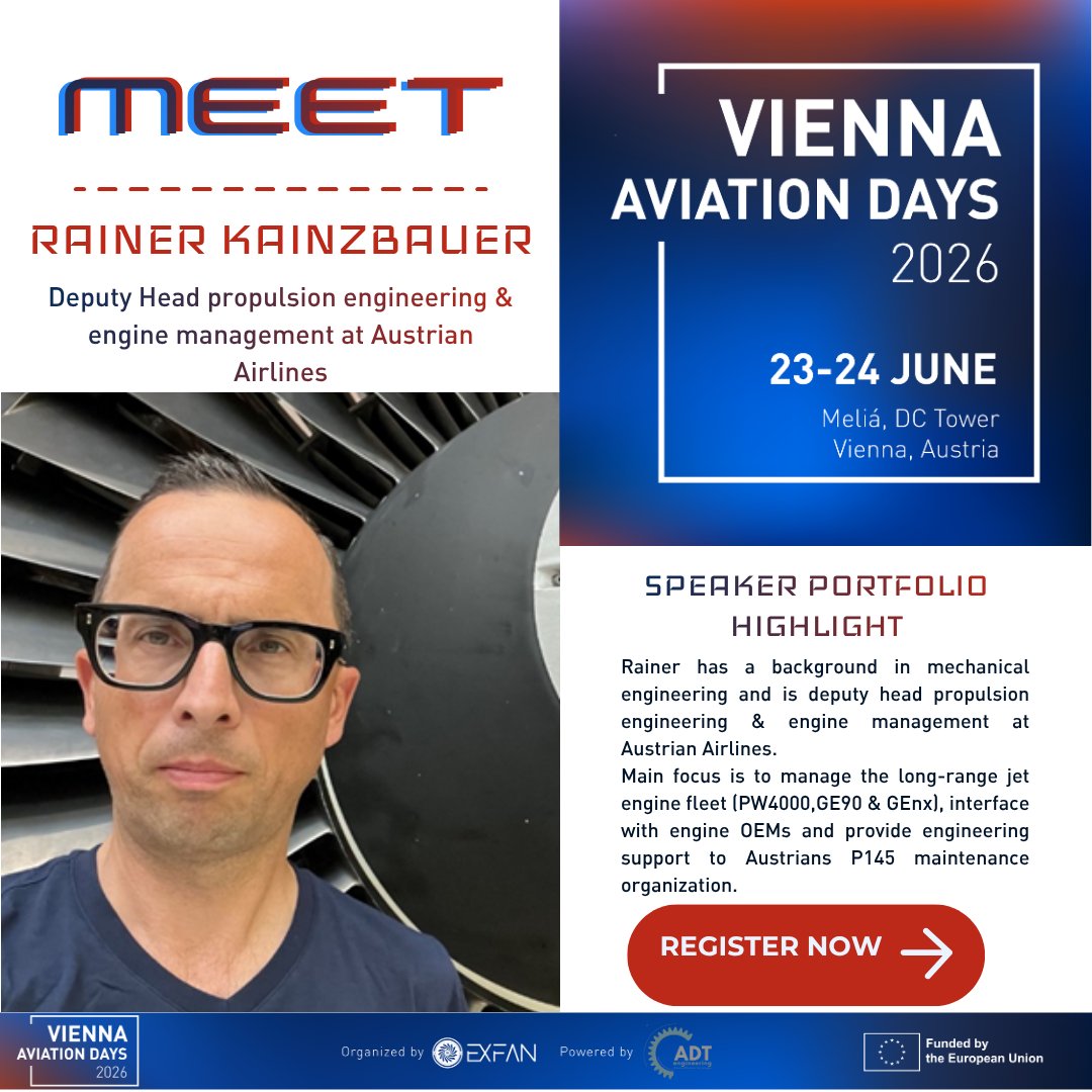 exFan2024's tweet photo. ✈️ How do next-gen aircraft engines perform in real airline operations?
Join Ing. Rainer Kainzbauer, Deputy Head of Propulsion Engineering &amp; Engine Management at Austrian Airlines, at #VAD2026.
📅 23–24 June 2026 | Vienna
🎟️ Register now: https://t.co/TbklLkig2v
@cinea_eu https://t.co/2YQ8kw2DTh