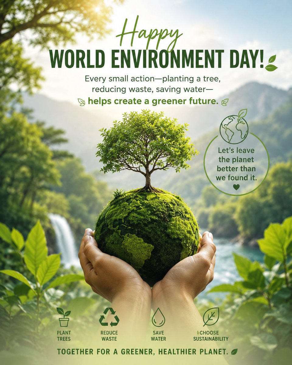 Cipher_Revolt's tweet photo. 🌿 Happy World Environment Day!
Every small action—planting a tree, reducing waste, saving water—helps create a greener future. Let's leave the planet better than we found it. 🌍💚
#WorldEnvironmentDay #GoGreen #SaveThePlanet #PlantATree #OneEarth #ClimateAction 🌍🌱💚 https://t.co/dJk8kwQhZ0