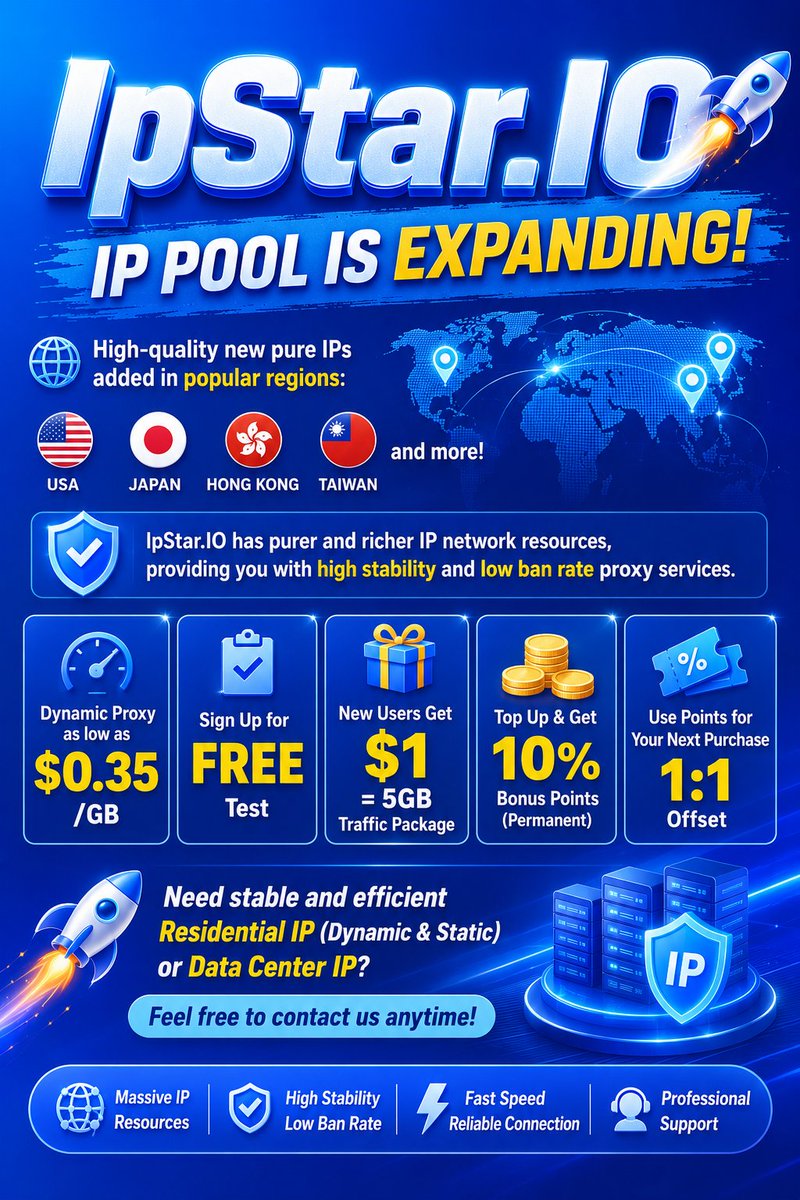 IPStarProxy's tweet photo. 🚀 IpStar热门地区美国、日本、香港、台湾 等优质节点新增大量纯净IP！

 IpStar拥有更纯净、更丰富的IP网络资源，为您提供高稳定、低封禁率的代理服务。

核心优势： 
√ 动态代理低至 0.35元/GB 
√ 注册即可免费测试 
√ 新用户享1美元5GB流量礼包