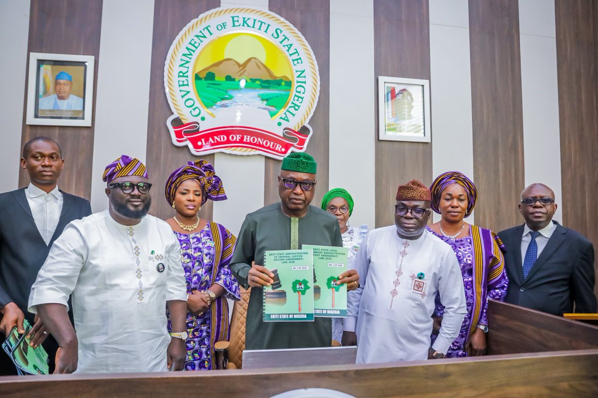 cpsekiti's tweet photo. The strength of democratic governance lies in the ability of institutions to evolve in response to changing realities and the needs of the people.

As part of activities marking the third anniversary of the Seventh Ekiti State House of Assembly, Governor Biodun Oyebanji @biodunaoyebanji assented to two significant pieces of legislation aimed at strengthening governance and improving public service delivery across the state.

The newly signed Ekiti State Local Government (First Amendment) Law, 2026 is expected to deepen grassroots governance by creating legislative departments within local councils, strengthening institutional capacity and enhancing administrative effectiveness at the local government level.

The Governor also signed the Ekiti State Administration of Criminal Justice (Second Amendment) Law, 2026, which introduces elements of restorative justice into the state’s legal framework. The reform seeks to promote a justice system that balances accountability with rehabilitation, reconciliation and community healing.

Governor Oyebanji commended the Seventh Assembly for its commitment to legislative excellence, describing the collaboration between the executive and legislative arms as a reflection of a shared determination to build stronger institutions, promote justice and advance sustainable development across #Ekiti State.