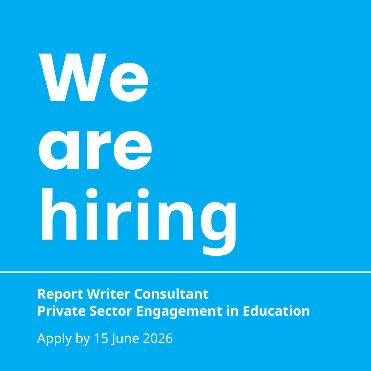UNICEFEducation's tweet photo. We are hiring!

UNICEF is looking for a Report Writer to help build the evidence and shape strategies for engaging the private sector to support children’s learning.

📅 Application deadline: 15 June 2026

🔗 Link to apply: https://t.co/dbB5pM7RrW https://t.co/J7JYf1s6QE