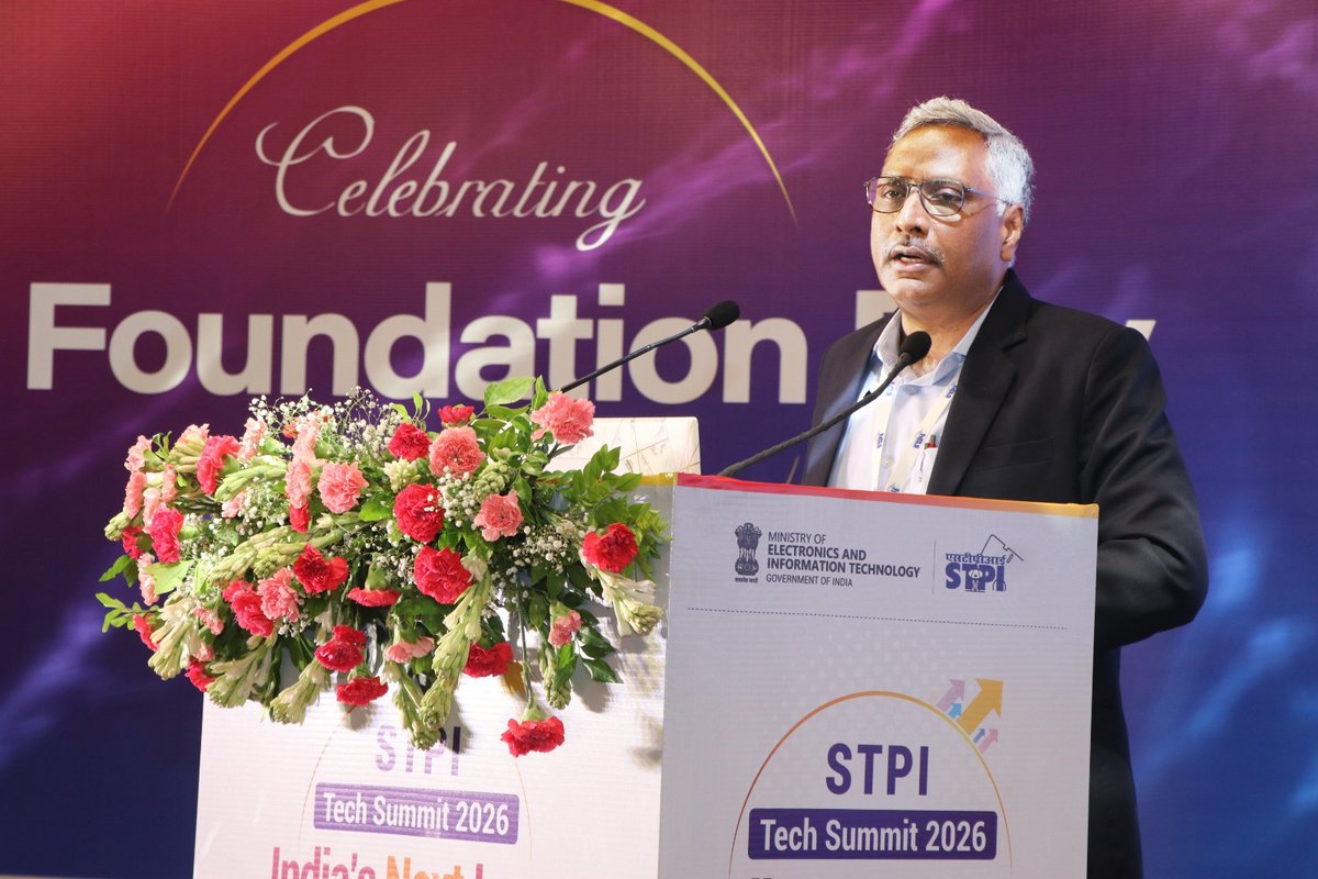 stpiindia's tweet photo. The STPI Tech Summit 2026 was graced by the presence of eminent dignitaries, Shri Jitin Prasada, Hon’ble Minister of State for Commerce & Industry and Electronics & Information Technology; Shri S Krishnan, Secretary, MeitY; Shri Deepak Bagla, Mission Director, AIM, NITI Aayog; Ms Debjani Ghosh, Former president of NASSCOM and Distinguished Fellow at NITI Aayog.

Welcoming the distinguished guests, Shri Arvind Kumar, Director General, STPI, reflected on the organisation’s remarkable journey and its enduring commitment to strengthening India’s technology ecosystem. ⚙️✨

He highlighted the strategic vision and leadership that continue to guide STPI’s mission, elaborating on the organisation’s impact-driven operating model, its contribution to India’s growing IT exports, the expansion of digital infrastructure and its extensive network of 73 centres across the country.

As STPI completes 35 years of empowering innovation, entrepreneurship and technology-led growth, the summit serves as a celebration of past achievements and a reaffirmation of its commitment to shaping India’s digital future.

#STPITechSummit2026 #STPI #35YearsOfSTPI #DigitalIndia #Innovation #Technology #ITExports #StartupEcosystem

@GoI_MeitY @AshwiniVaishnaw @JitinPrasada @SecretaryMEITY @arvindtw @_DigitalIndia @NeGD_GoI @startupindia @NICMeity @investindia @NITIAayog  @rnivruti @debjani_ghosh_ @inregistry @NIELITIndia @cdacindia @_BHASHINI @DPIITGoI @intel @escnewdelhi @guptaa_sanjay @TiEDelhi @OfficialINDIAai @DeepakBagla_ @guptaa_sanjay