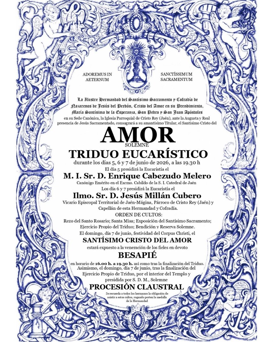 HdadPerdonJn's tweet photo. PRIMER DÍA DEL TRIDUO EUCARÍSTICO EN HONOR AL SANTÍSIMO CRISTO DEL AMOR 
 
Comenzamos el Solemne Triduo Eucarístico en honor al Stmo. Cristo del Amor.  
 
19.30 h. Rezo del Santo Rosario 
20.00 h. Santa Misa 
 
El Santísimo Cristo del Amor, generoso y misericordioso, nos espera. https://t.co/v38lPBYAJj