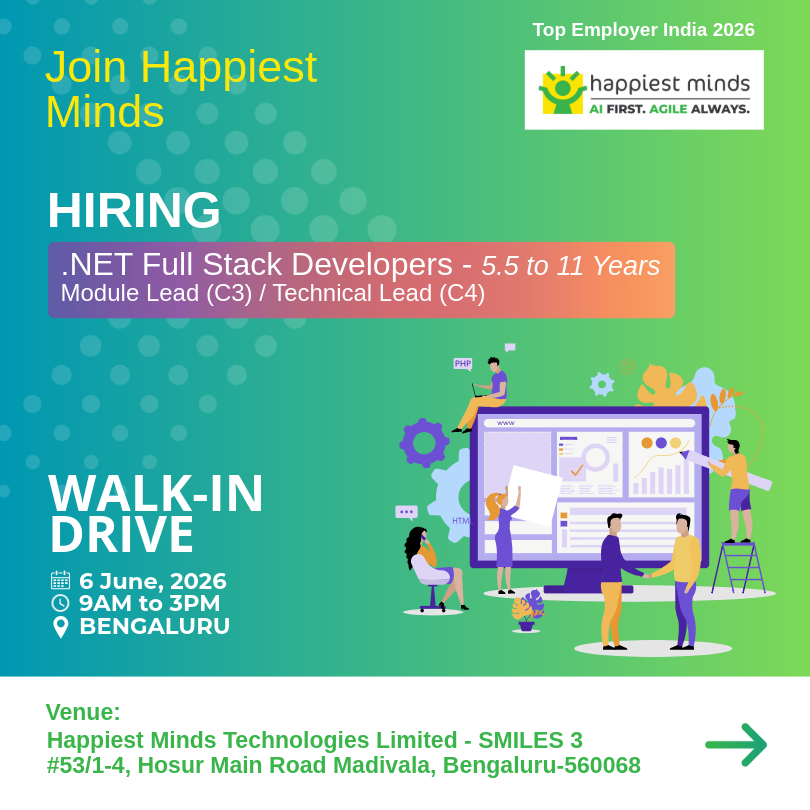 HappiestMinds's tweet photo. Walk-In Drive for .NET Full Stack Developers tomorrow!

💼Module &amp; Tech Leads (NET, React, Azure) - 5.5 - 11 Years

📅June 6, 2026 (Sat) | 9AM - 3PM
📍Happiest Minds Bengaluru, Madivala (SMILES 3)

Apply: career.microsoft@happiestminds.com

#BengaluruJobs #FullStackDeveloper https://t.co/kS8lh0FR7P