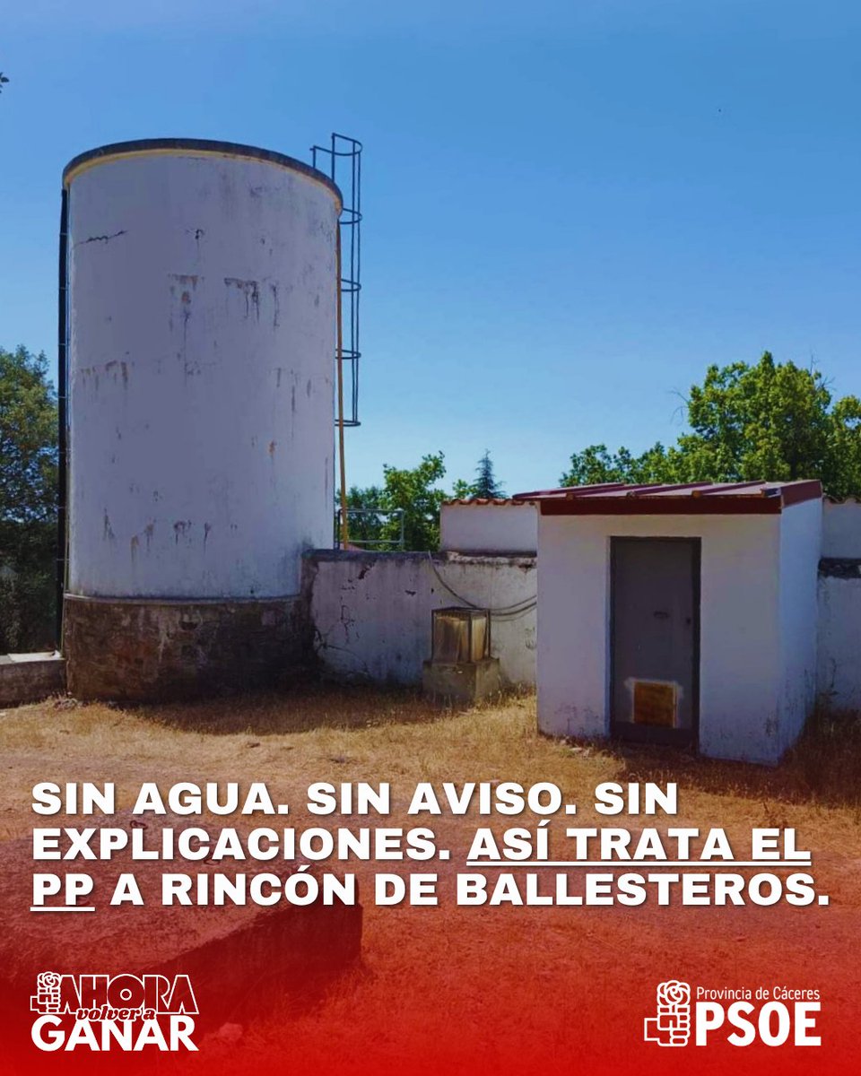 PSOEC's tweet photo. 💧 Rincón de Ballesteros estuvo horas sin agua.

Lo más grave no fue el corte del suministro. Lo más grave fue el silencio.

ℹ https://t.co/gQHUGhTBFg

#RinconDeBallesteros #Cáceres #PSOE #ServiciosPúblicos #Transparencia #ApieDeCalle https://t.co/DiRHuQO9Dw