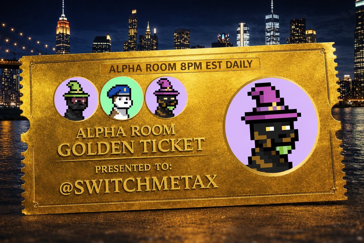 alpharoomx's tweet photo. The Alpha Room presents @SwitchMetaX with The Golden Ticket. An exclusive VIP pass to always grace our stage, share his extensive Doginal Dog trait knowledge and Alpha. Only a few Golden Tickets exist, we are honored to present this one to @SwitchMetaX https://t.co/2MDwu7vWtU