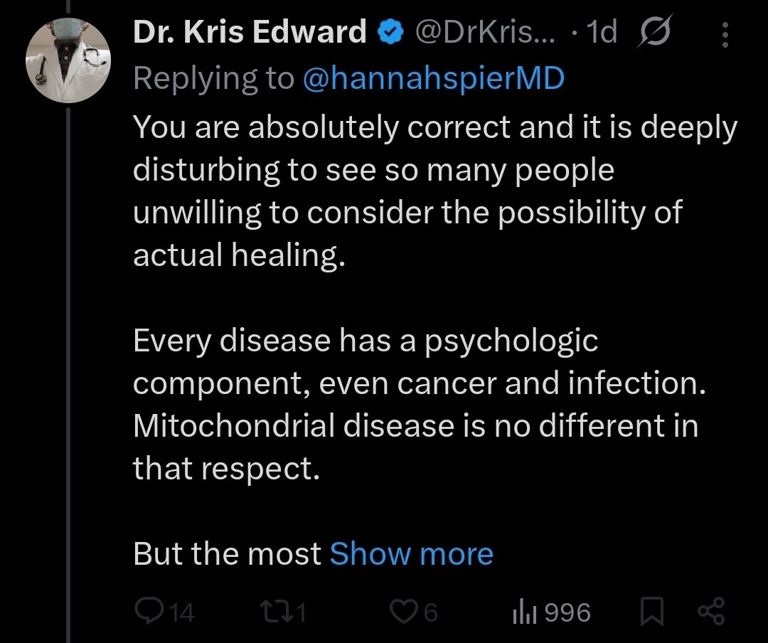 frmlss's tweet photo. @jewstein3000 Then there are the doctors who unironically believe patients can psychobabble their way out of stage 4 cancer and ebola. https://t.co/9pHyfhbp3e