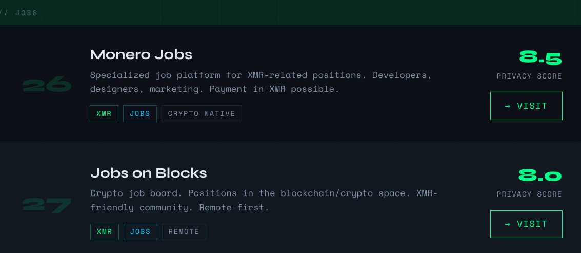 Den2Denver's tweet photo. Looking to earn in crypto? Two job boards on NULL_ROUTE ↓

→ Monero Jobs — #XMR-focused roles: dev, design, marketing. Get paid in XMR
→ Jobs on Blocks — crypto/blockchain jobs, remote-first, XMR-friendly

Work private. Get paid private.

https://t.co/vPWWDdunfd #cryptojobs https://t.co/p5YK20MfOL