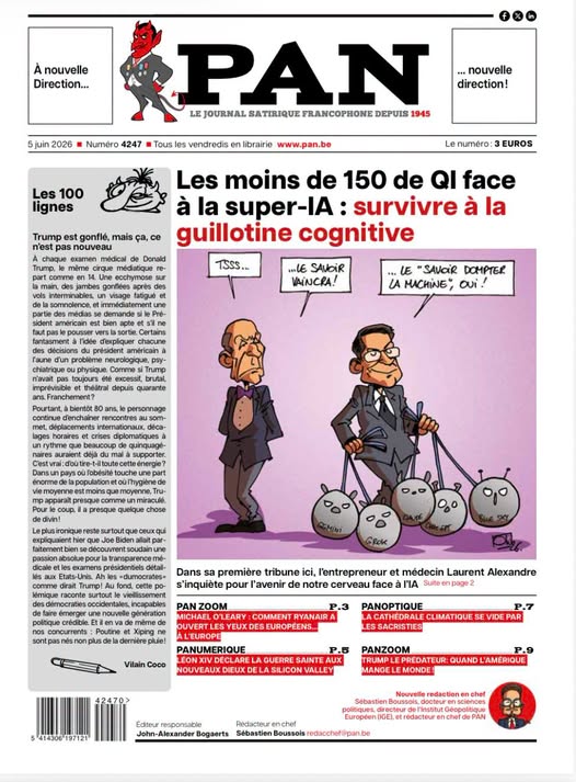 Journal_Pan's tweet photo. Pan dans l’élan ! On vous l’avait bien dit. Pas de pan-talonnade chez nous ! Rendez-vous en kiosque dès demain : un numéro qui détonne, on vous le jure ! À côté de nos plumes légendaires, le docteur et entrepreneur Laurent Alexandre fait son entrée et ce une fois par mois dans nos colonnes. Il s’interroge sur l’avenir de l’humain et de son cerveau ! Alors achetez-le ou abonnez-vous ! 😎😎 https://t.co/OOR7Db1z4h