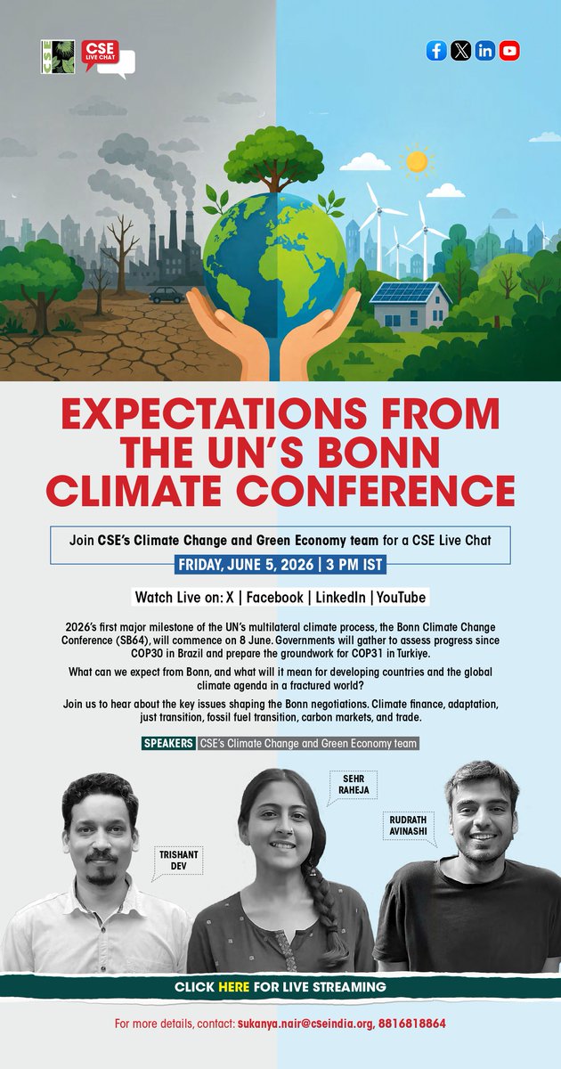 CSE_Climate's tweet photo. 📢Live Chat starting soon: What to expect from the mid-year climate conference in Bonn?   

🔗Join @TrishantDev, @rudrathavinashi and @SehrRaheja from our team today at 15:00 IST: https://t.co/L0YaSPdHFk   
More details in the poster below!
@CSEINDIA https://t.co/JPefgdsBQF