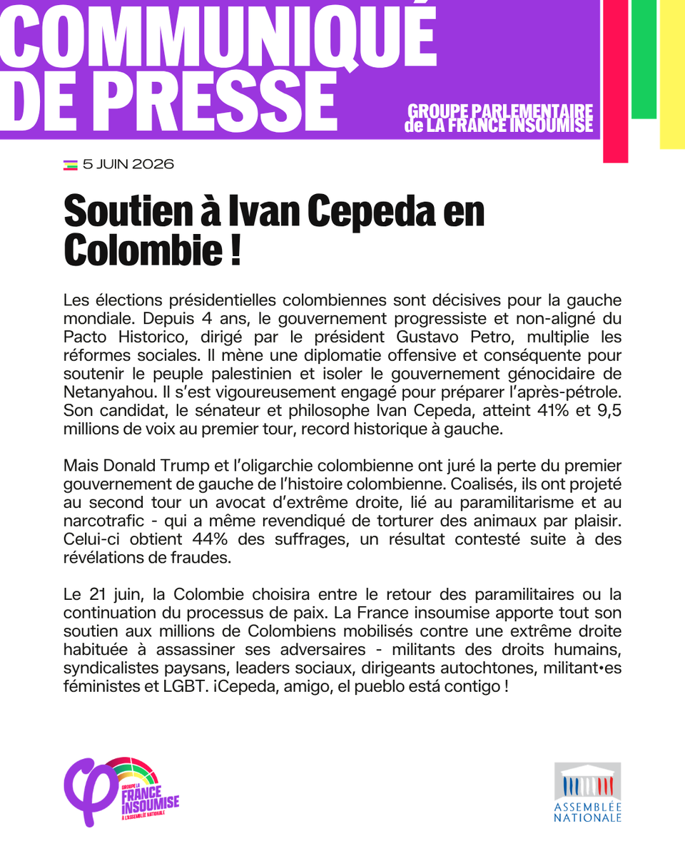 FiAssemblee's tweet photo. 🔴📄 Soutien à Ivan Cepeda en Colombie !

Notre communiqué ⤵️ https://t.co/fkIQJuPsog