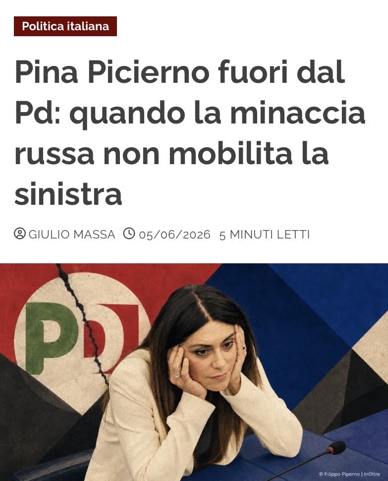 in_oltre's tweet photo. Se le minacce contro Pina Picierno arrivassero dalla mafia, il Pd sarebbe già in seduta permanente di autocoscienza morale. Ma arrivano dalla Russia di Putin, e allora il silenzio diventa quasi naturale: meno liturgico, meno utile, meno spendibile nel teatro democratico nazionale.

Giulio Massa su InOltre. Il link nel primo commento