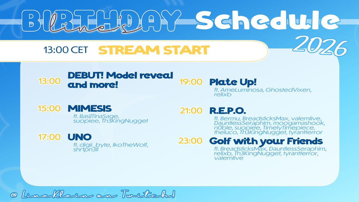 LineKlein100's tweet photo. IT'S BIRTHDAY/DEBUT SCHEDULE TIME!

I am so so SO excited to take this big step with you all and also celebrate my birthday as well! You are ALL invited! <3

#schemdule | #debut | #envtuber | #birthdaystream https://t.co/AjNrMglXsH
