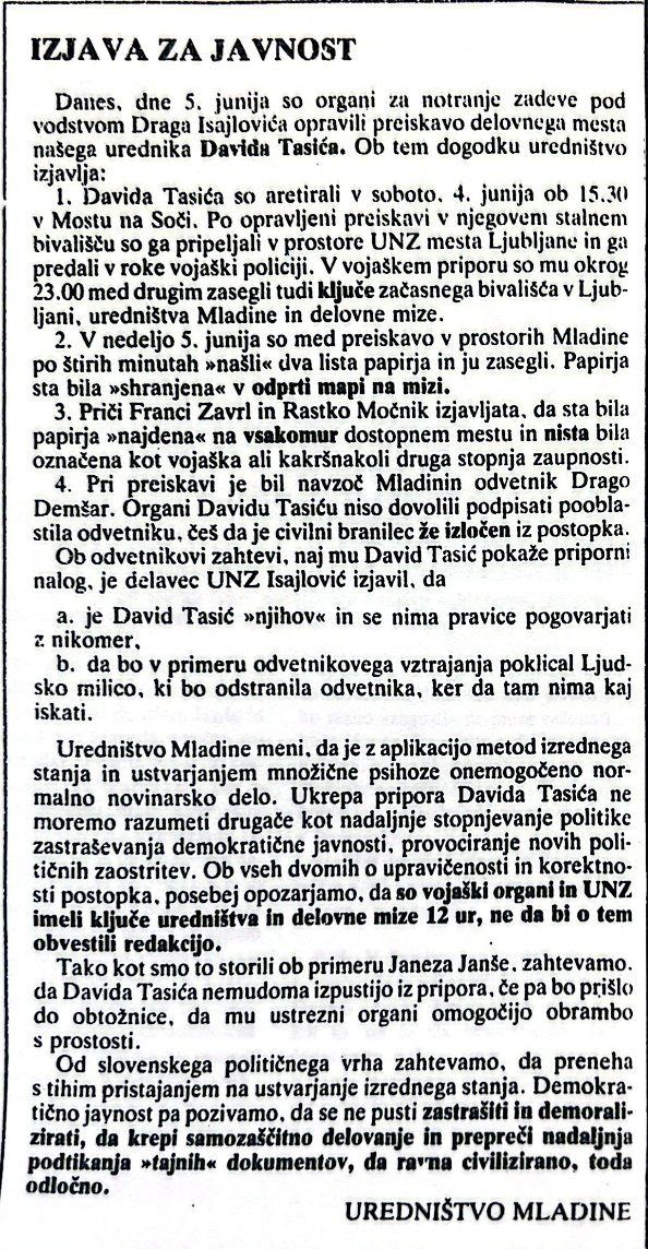 IgorOmerza's tweet photo. Po toliko letih bi bil že čas, da tajni policaj Drago Isajlovič pove, kako so udbaši ta vojaški dokument podtaknili Davidu Tasiču. Seveda je še isti dan uredništvo Mladine objavilo protestno "Izjavo" in v njej opisalo to sramotno najdbo! https://t.co/eAbpejXKec