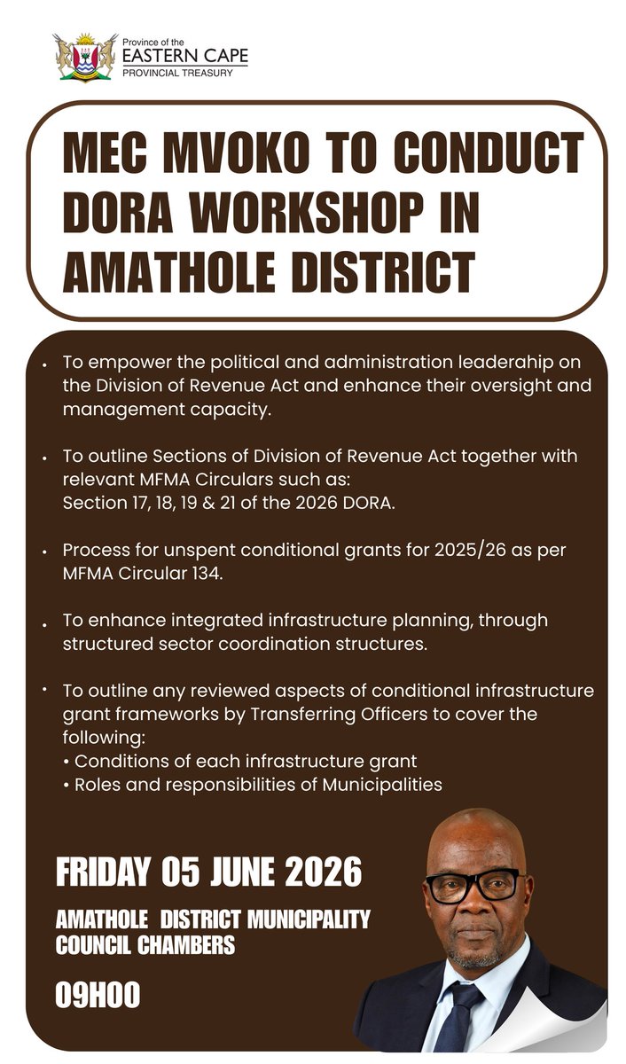 ectreasury's tweet photo. One last stop before we close out the week. Today, the DORA workshop programme heads to Amathole District Municipality for the final session in this week's series of engagements across the province. https://t.co/Fhxtc7OGhS