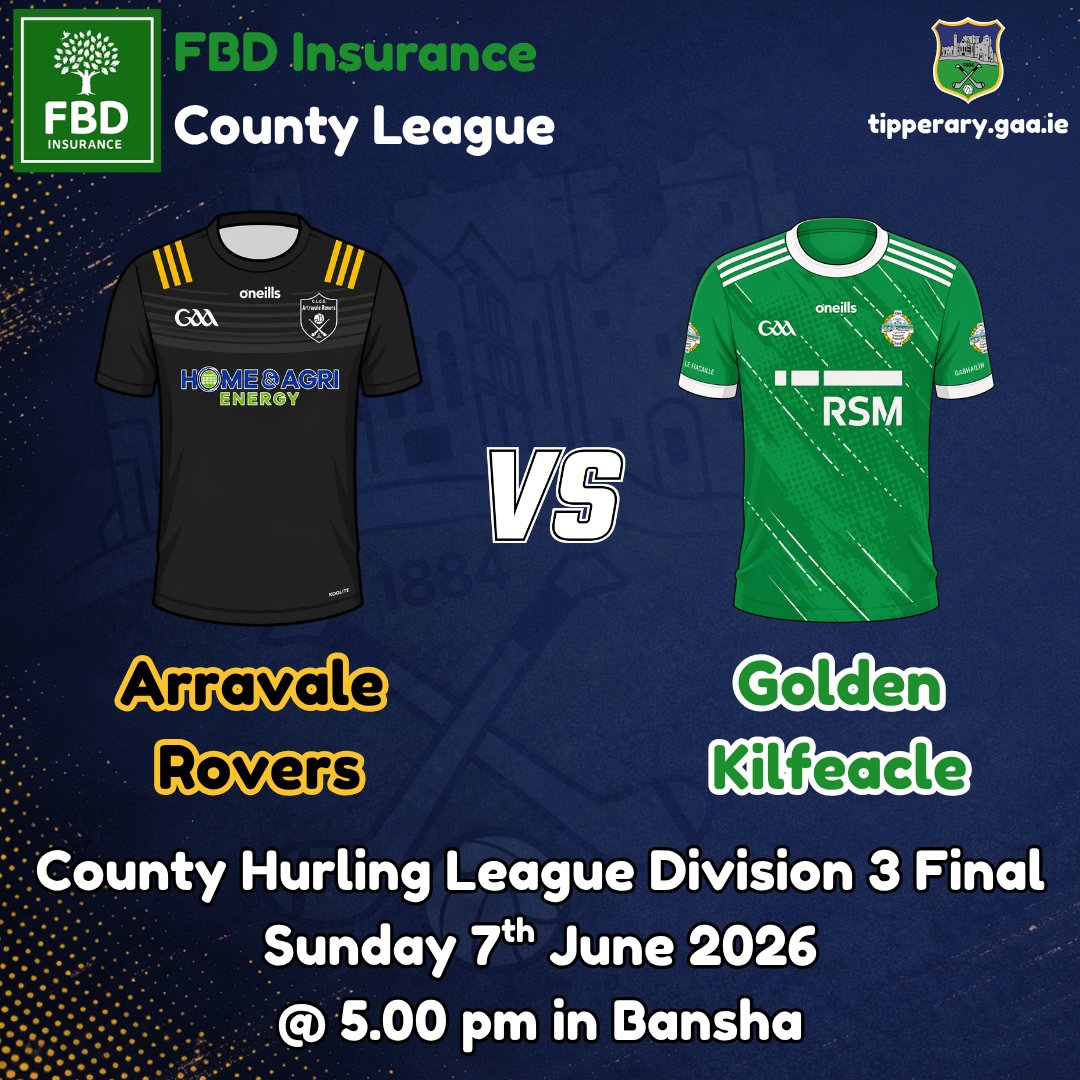 TipperaryGAA's tweet photo. Arravale Rovers face Golden Kilfeacle tomorrow evening at 5.00 pm in Bansha in the Division 3 Final of the FBD Insurance County Hurling League.

Entry is available via tickets available online https://t.co/zW1pjuvVn8 with tap and go also available at the gate (No cash accepted). https://t.co/2EtfL5TS6p
