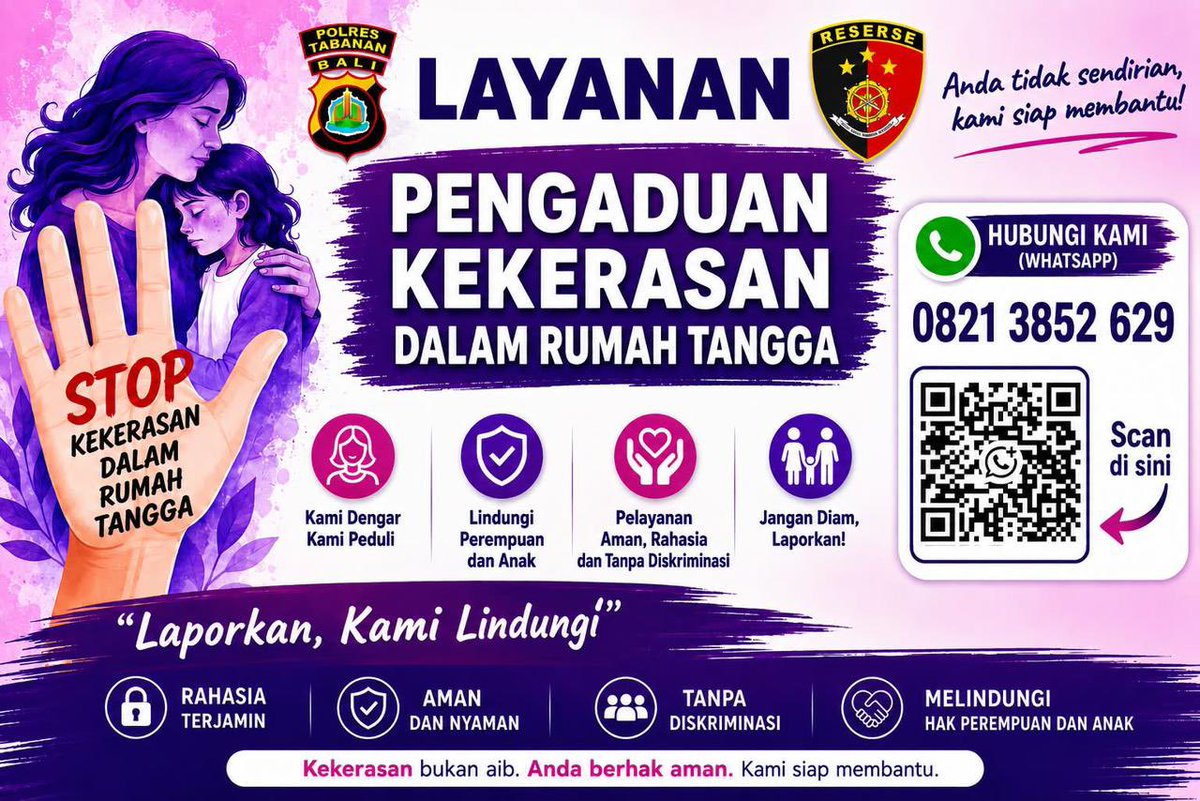 Polrestabanan1's tweet photo. 📢 LAYANAN PENGADUAN KDRT POLRES TABANAN
Kekerasan Dalam Rumah Tangga (KDRT) bukanlah urusan pribadi yang harus dipendam sendiri. Setiap korban berhak mendapatkan perlindungan, rasa aman, dan keadilan.
#PolresTabanan #StopKDRT #PerlindunganPerempuanDanAnak #PolriUntukMasyarakat https://t.co/u2aJxMOaqT