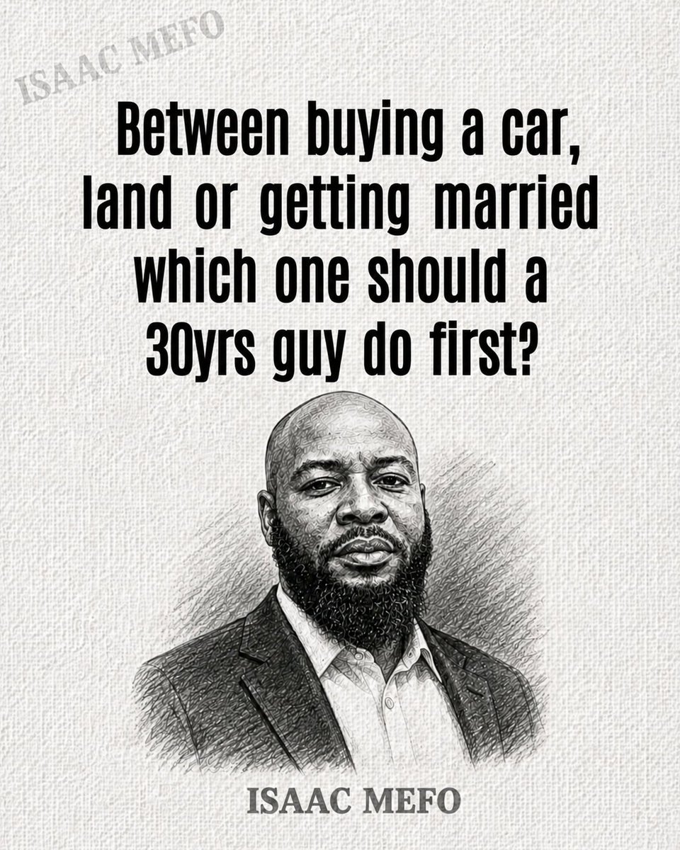 Weddingplusng's tweet photo. Advice Needed:

For a 30-year-old man, which should come first: buying a car, buying land, or getting married?

If you were advising a 30-year-old guy, what would you recommend he prioritize first, and why?

Let's hear your thoughts. https://t.co/LpOT3EFLgK