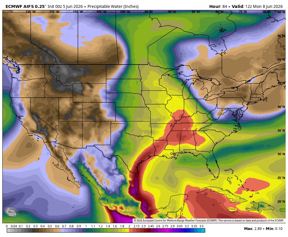 BradyBGWX's tweet photo. Severe weather likely going to get active again next week as significant western troughing returns with a deep moisture pull potentially from active tropical activity in the East Pacific and active tropical thunderstorm activity in the gulf.

Central(higher ceiling) and Eastern U.S. look to be in play for notable severe weather though atm.

Will have to follow Amanda in the east Pacific as it will play a factor.

Active western troughing, large open moist warm sectors, and pacific and gulf moisture tap are all important factors.