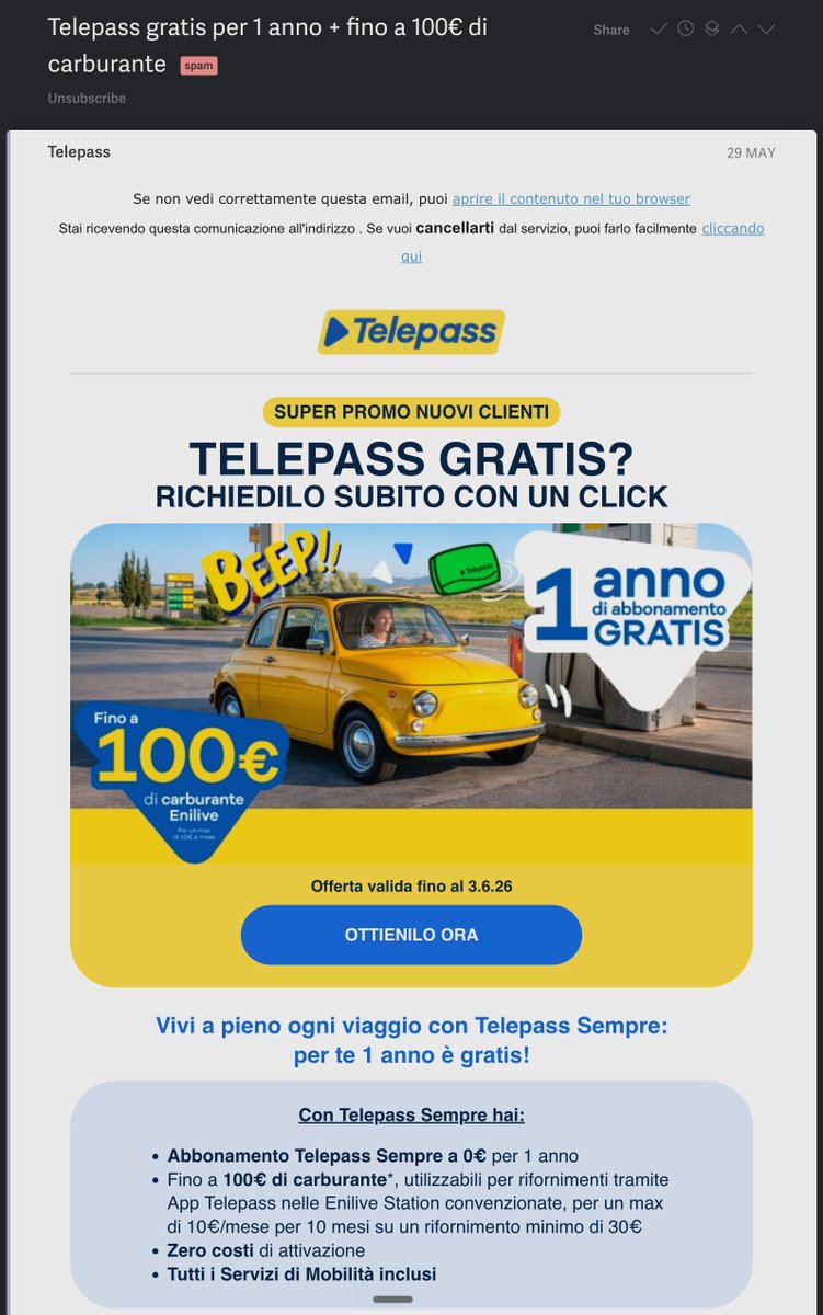 lastknight's tweet photo. La nuova frontiera dello SPAM, che vede coinvolto anche @telepass e @Verisure_IT è quasi ridicolo: mail di SPAM con i loro loghi, dichiarazione che lo spammer è tale ACROSS SRL di Torino e contemporaneamente scarico di responsabilità su una società spagnola.

Ora apro una segnalazione al @GPDP_IT e vediamo cosa ne pensano...