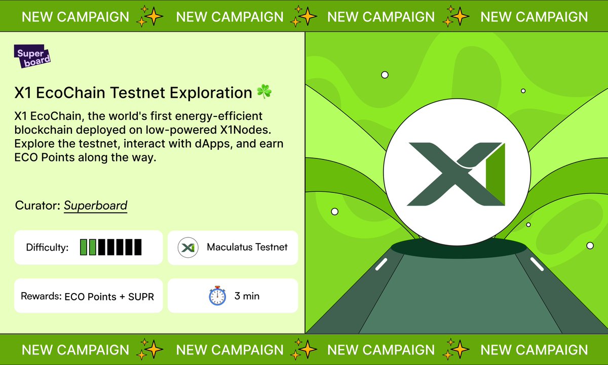 Superboard_'s tweet photo. X1 EcoChain Testnet Exploration☘️ is live

Meet @X1_EcoChain, world's first energy-efficient &amp; environmentally friendly blockchain deployed on low-powered X1Nodes.

🔍 Explore the ecosystem
🧩 Interact with dApps
🪙 Earn ECO Points + SUPR

🌱 → https://t.co/A5kzKQbuRm https://t.co/fFNrrifyFt