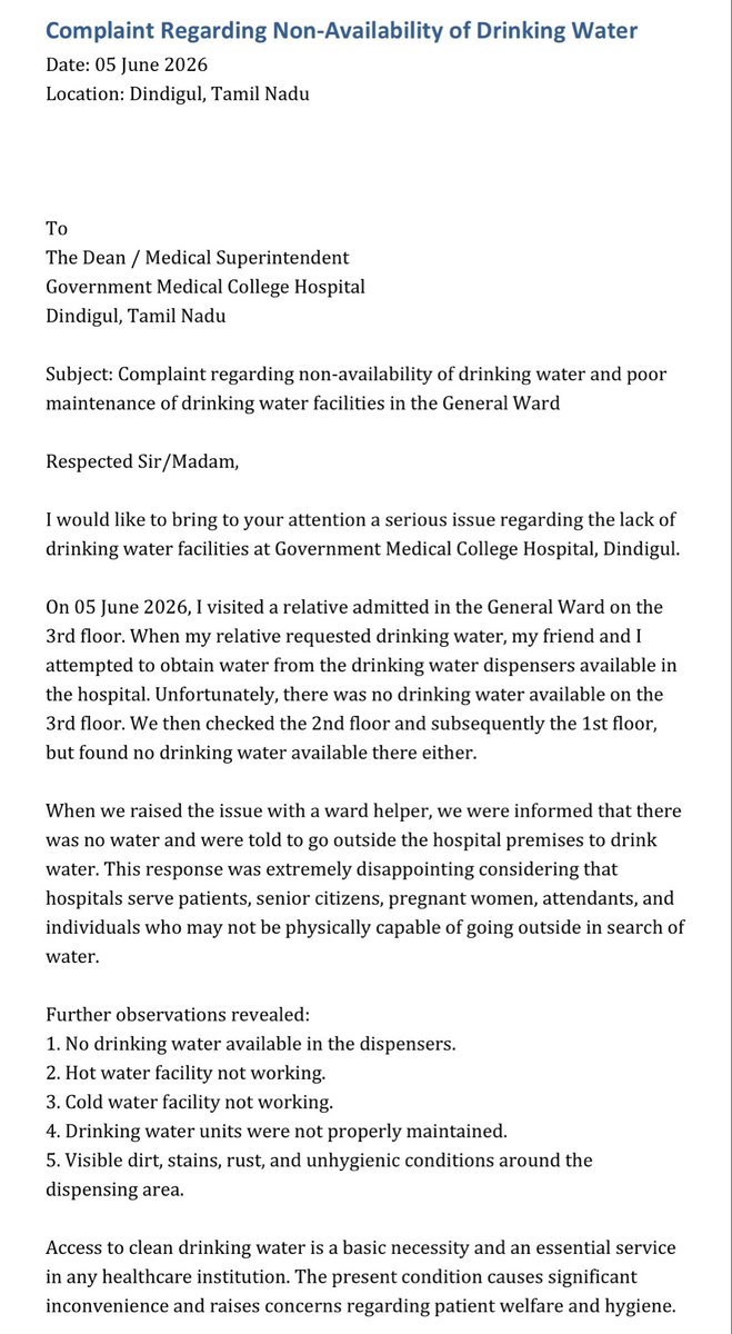 MukilBee's tweet photo. 🚨 Government Medical College Hospital, Dindigul has no drinking water in the General Ward area. Checked 3rd, 2nd &amp; 1st floors—no water. Hot/cold dispensers not working and units poorly maintained. Kindly take immediate action. 

#Dindigul #PatientCare https://t.co/LxY1FClPvq