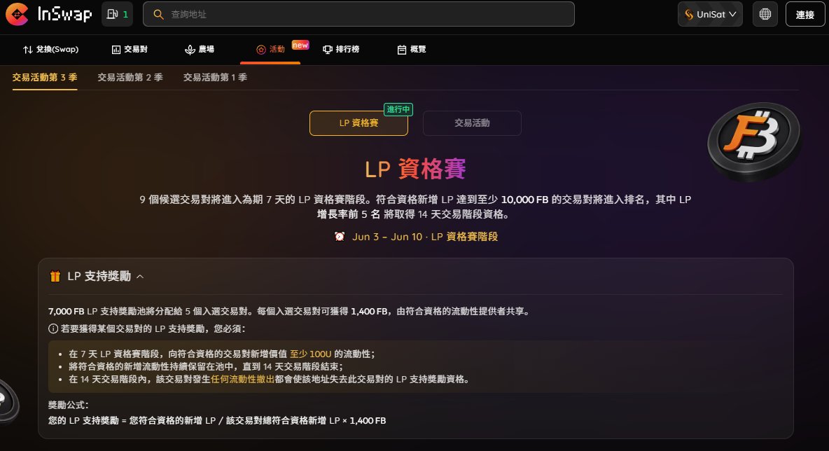Fizzdadong1's tweet photo. InSwap LP 交易活动第三季 正在进行

LP奖励：
5个交易兑瓜分7000FB
奖励=你的新增LP/该交易兑总符合资格新增LP

#InSwap #FB #wangcai #TLB #QUAQ #ORDI #Mooncats #SATS https://t.co/23NTX5N4DZ