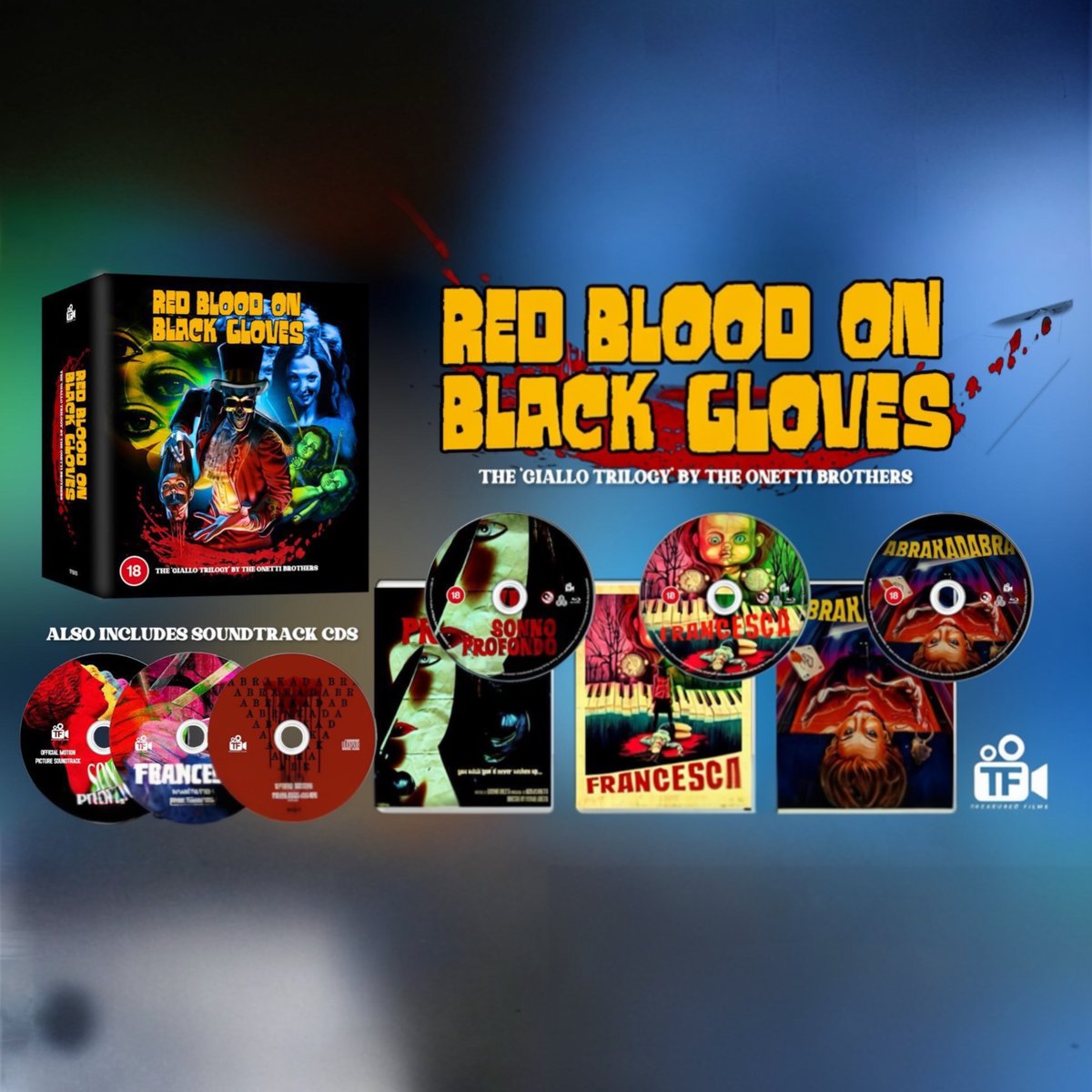 dawnofthediscs's tweet photo. Coming to Blu-ray 7/27 from Treasured Films 🇬🇧 

Red Blood On Black Gloves: The Giallo Trilogy By The Onetti Brothers

Pre-order: https://t.co/E7b3T1Qi4T

Treasured Films are proud to present our 6-Disc Blu-ray & CD boxset featuring the three feature films Sonno Profondo, Francesca and Abrakadabra all in definitive director's cut editions never before released on Blu-ray - but also short films, video essays, extensive behind-the-scenes featurettes, and bonus original motion picture soundtrack CDs for each film in this much-treasured limited edition!

Limited Edition Contents

Illustrated booklet with essays by Claire Donner, Matthew Tilt and Mike Foster and brand new box artwork by Justin Coffee

DISC 1: SONNO PROFONDO: REDUX EDITION (2013) Special Features
Blu-ray presentation from the 2K master of the Redux version of the film
PCM 2:0 Audio
NEW Deep Sleep Redux: The Making-Of Documentary
NEW Sonno Profondo – Backstage: Behind the Scenes featurette during the shooting of the film
Le Vortex Monopolaire (2021) – Short film by the Onetti Brothers
NEW The We Belong Dead Guide to the Giallo: Writers of the acclaimed horror magazine We Belong Dead discuss their favourite Gialli and the associated tropes.
BONUS Motion Picture Soundtrack CD
Trailer
Image Gallery

Italian Language with English Subtitles DISC 2: FRANCESCA: THE DIRECTOR'S CUT (2015) Special Features
Blu-ray presentation from the 2K master of the Director’s cut of the film

PCM 2:0 Audio
NEW Monette Di Sangue: Making-Of Document art
NEW Francesca – Backstage: Behind the Scenes featurette during the shooting of the film
NEW The Uncanny Valley of Giallo: Video Essay on Dolls in Giallo by writer Simon J. Ballard
BONUS Motion Picture Soundtrack CD
Trailer
Image Gallery
Italian Language with English Subtitles 

DISC 3: ABRAKADABRA: THE DIRECTOR'S CUT (2018) Special Features
Blu-ray presentation from the 4K master of the Director’s cut of the film
PCM 2:0 Audio
NEW Abrakadabra – Backstage: Behind the Scenes featurette during the shooting of the film
NEW Traditional Magic: Film-maker Darren Ward discusses Abrakadabra and the influence of the Giallo in modern films
NEW Director Luciano Onetti interview
BONUS Motion Picture Soundtrack CD
Trailer
Image Gallery
Italian Language with English Subtitles

#Giallo #Bluray #physicalmedia #Cinema #Horror #Movie #Movies #HorrorCommunity #FilmCommunity #4KBluray #4KUltraHD 
 #physicalmedia #FilmstaGram #physicalmediaforever #bluraycollector #bluraycollection #Horror #HorrorMovie #HorrorMovies #Film #Cinema #CinemaLovers #FilmTwitter #Cinephile #MovieBuff #NowWatching
