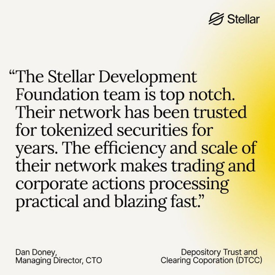 MarcoSalzmann80's tweet photo. 🧵 DTCC did not praise @StellarOrg for hype.

It praised Stellar for trust, efficiency and tokenized securities.

That distinction matters.

Trust is not built through announcements.

It is built through track record.

That is why this statement from @The_DTCC matters.

Dan Doney, Managing Director and CTO of DTCC, said Stellar’s network has been trusted for tokenized securities for years.

Think about that for a moment.

DTCC is not talking about potential.

It is talking about proven infrastructure.

Tokenized securities require far more than speed.

They require reliability, compliance, risk management and operational history.

This is where @StellarOrg stands out.

DTCC also highlighted several qualities that matter for institutional markets:

• Risk management capabilities

• Compliance-minded architecture

• Open and configurable infrastructure

These are not retail crypto talking points.

They are the requirements of modern financial market infrastructure.

The bigger picture is becoming increasingly clear.

Franklin Templeton uses Stellar for tokenized fund infrastructure.

DTCC recognizes Stellar’s track record with tokenized securities.

Circle, MoneyGram, Visa, Mastercard and Stripe are all contributing to the broader payment, settlement and liquidity ecosystem connected to Stellar.

Different use cases.

Same direction.

The story is becoming less about speculation and more about infrastructure.

Trust is earned through execution.

Not promises.